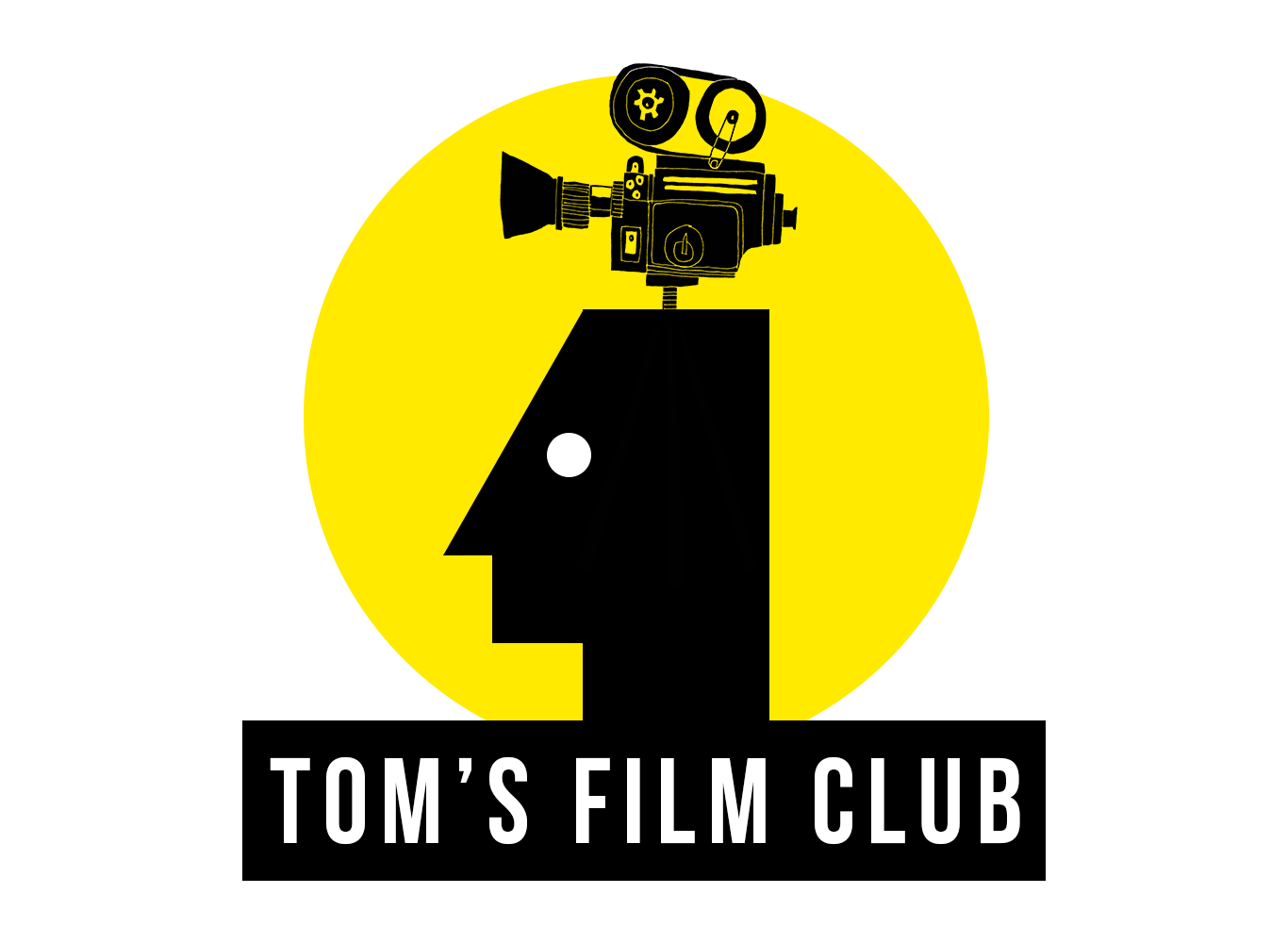 Logo for Tom's Film Club featuring a stylized black human head profile with a film camera on top, set against a yellow circular background, with the text 'TOM'S FILM CLUB' below.