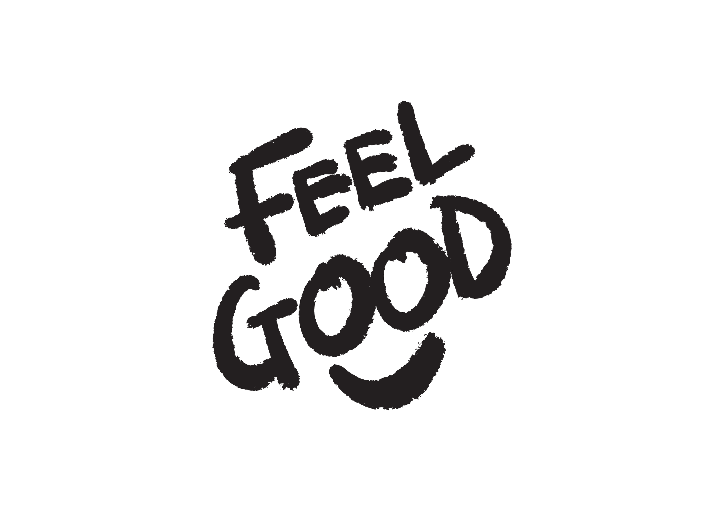Black chalk drawing on a blackboard that says "Feel Good" in a playful, handwritten style.