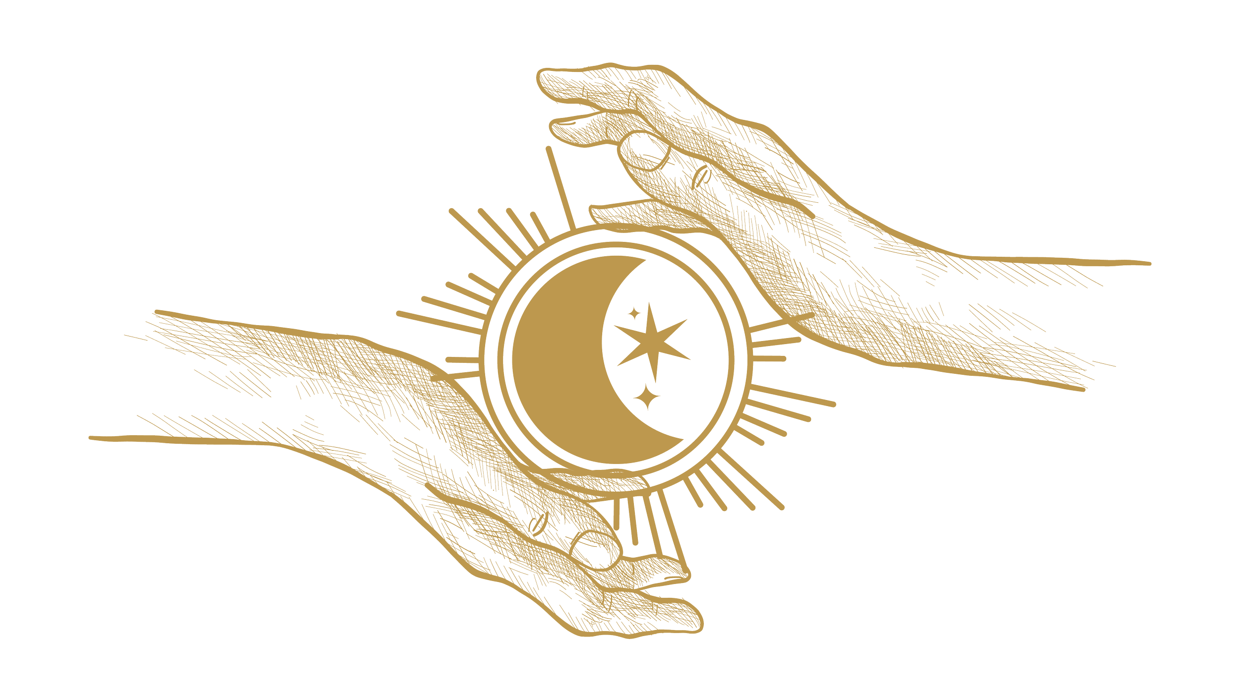 A golden outline of a skeletal hand holding a round emblem containing a crescent moon and star, with rays and clouds surrounding it, on a black background.