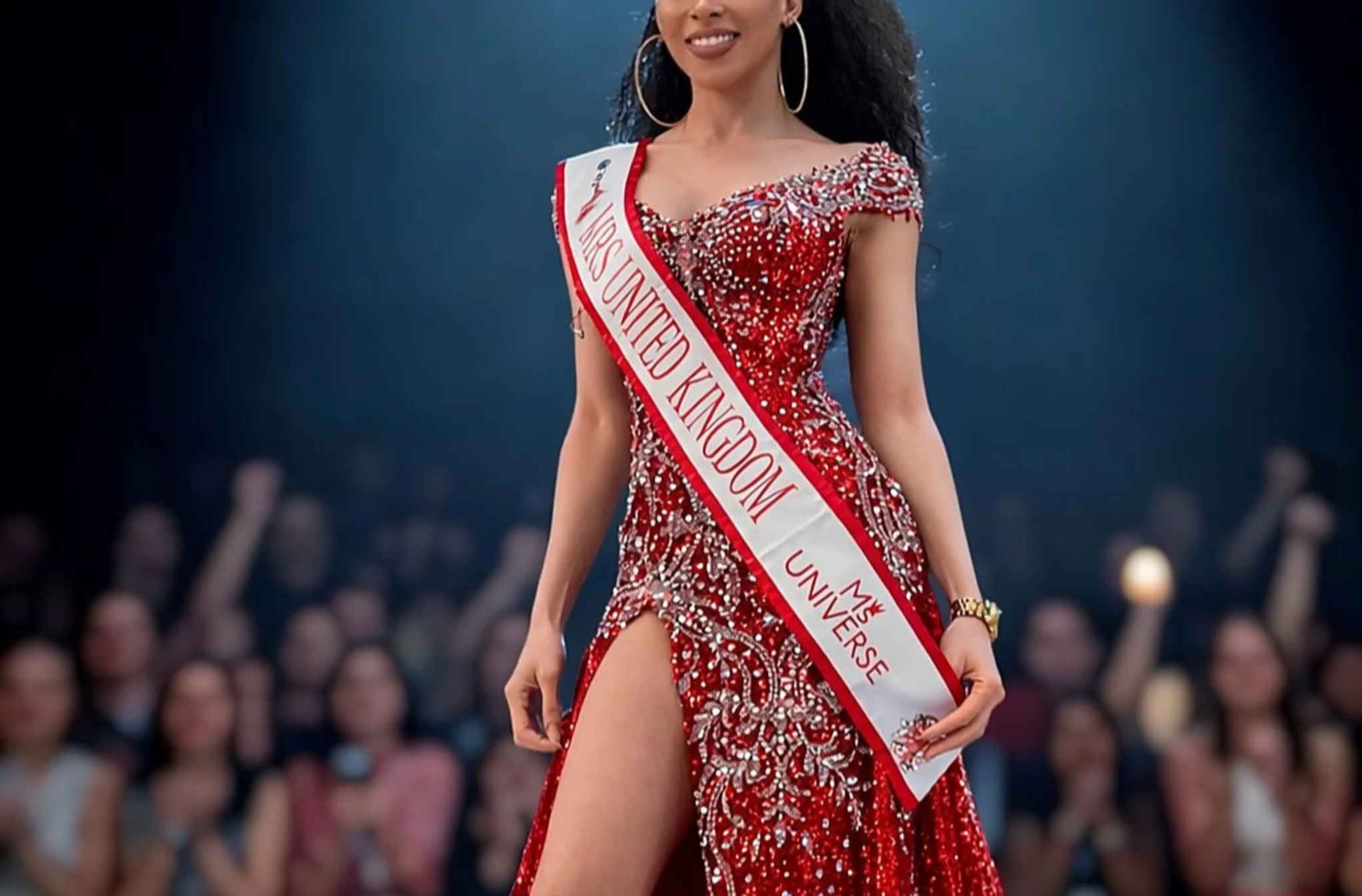 Miss United Kingdom contestant walking on stage in a red, beaded evening gown with a thigh slit, wearing a sash that reads "Miss United Kingdom" and large hoop earrings.