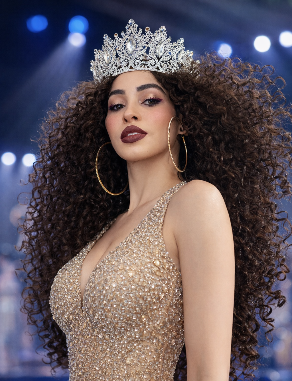 A woman wearing a sparkling, beige dress and large gold hoop earrings, with long curly brown hair, a tiara, and makeup, standing in front of a background with blue and white lights.