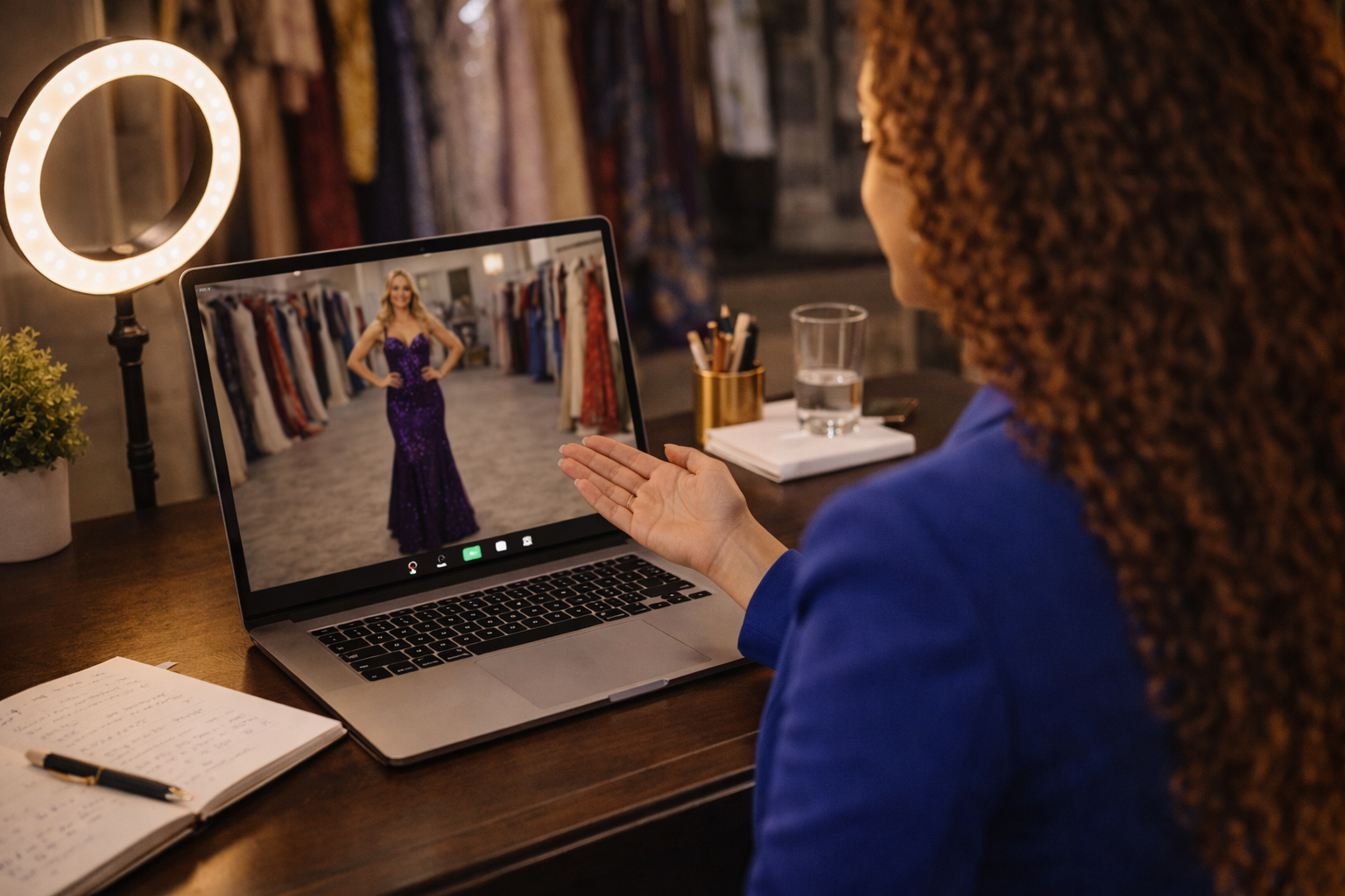 A woman with curly hair trying on a purple evening gown on a video call from a store fitting room.