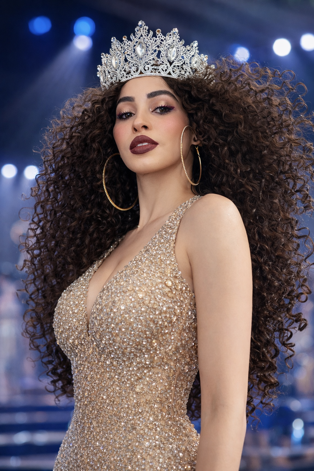 Miss USA contestant wearing a silver crown, large hoop earrings, and a shimmering gold gown with a deep neckline, standing in a venue with blue stage lights.