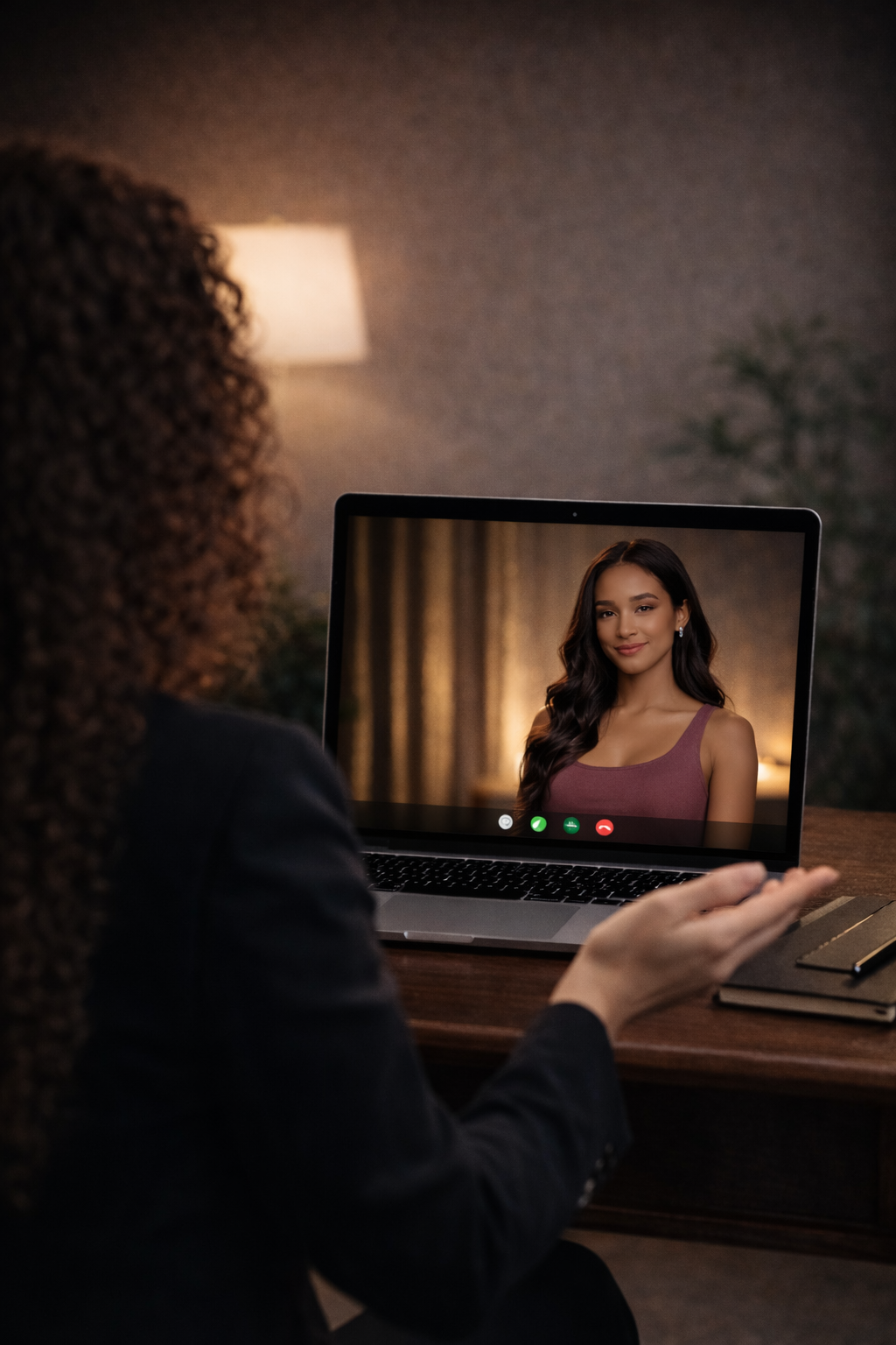 A woman participating in a video call shows a woman on the screen with long dark hair, wearing a sleeveless top, in a warmly lit room with curtains behind her.