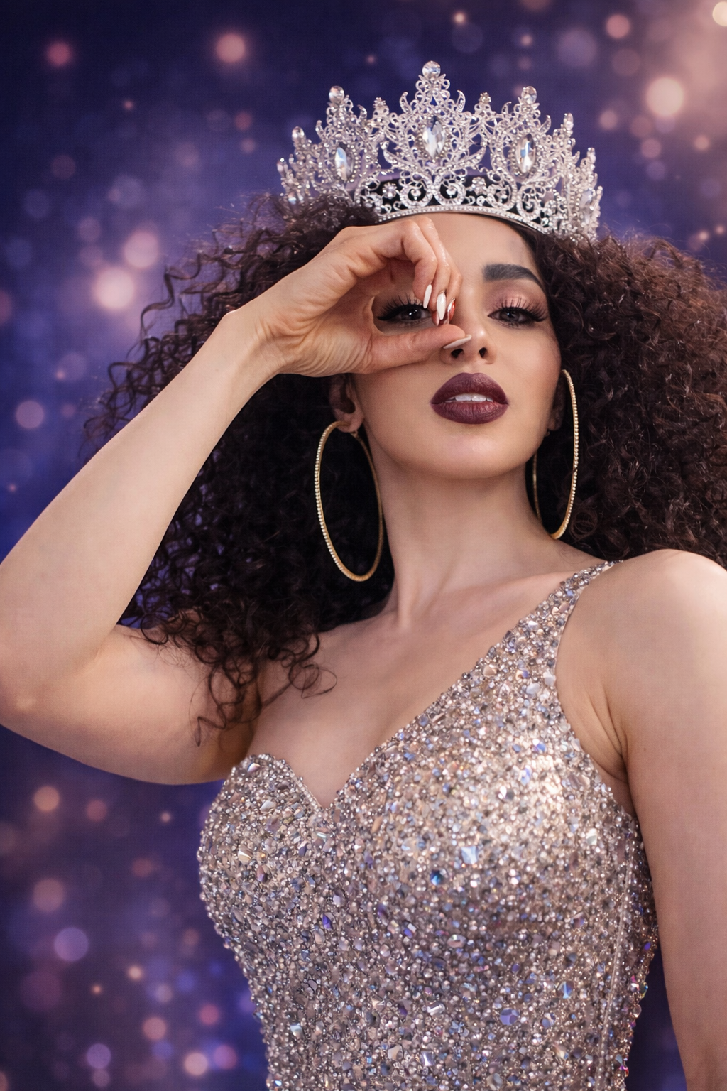 A woman wearing a crown and a bejeweled dress, posing with one hand near her face against a blurred purple background with bokeh lights.