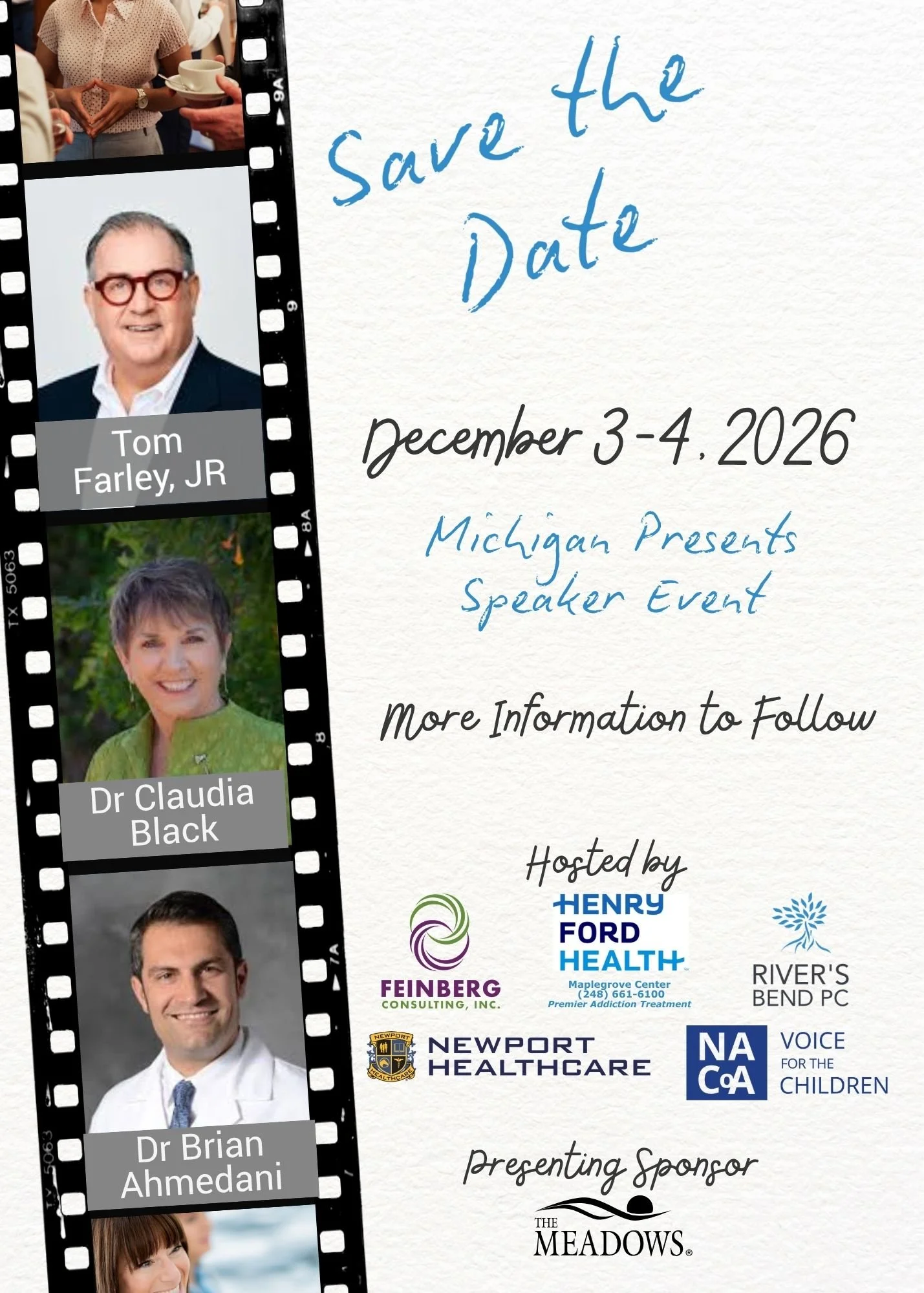 Save the date for a Michigan speaker event on December 3-4, 2026, featuring speakers Tom Farley Jr., Dr. Claudia Black, and Dr. Brian Ahmedani, hosted by Henry Ford Health, Newport Healthcare, River's Bend PC, NAQoA Voice for the Children, and sponsored by The Meadows.