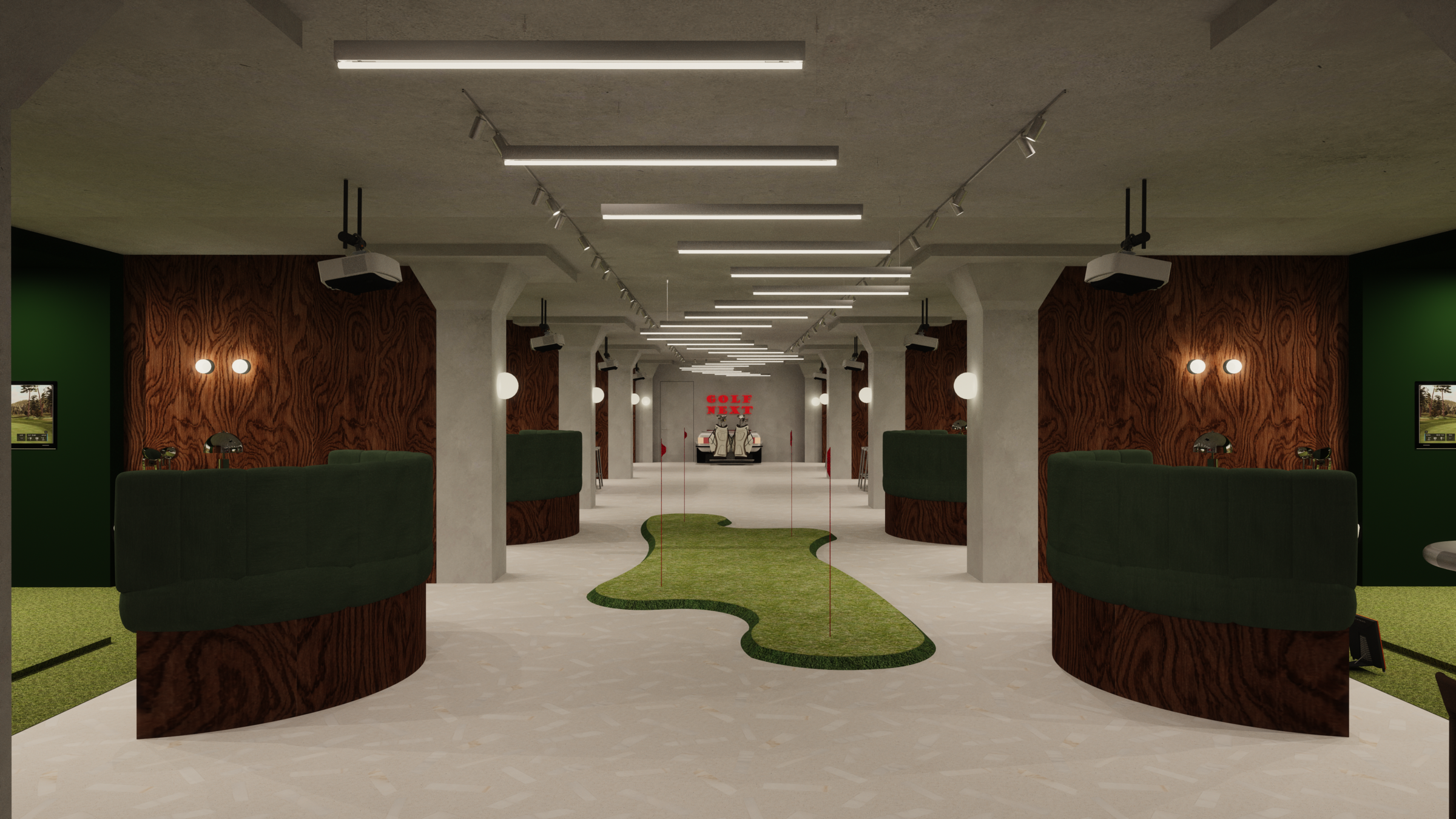 Interior of a golf simulation room with seating, golf simulators, and a small putting green in the center. The room has wooden wall panels, modern lighting, and a sign at the back that reads 'GOLF NEXT'.