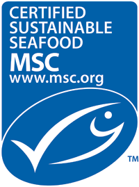 Certification label for sustainable seafood by MSC with a fish logo and web address.