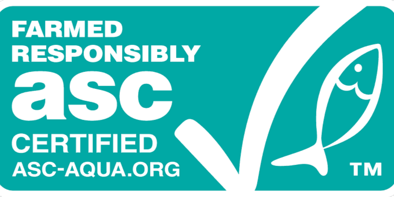 FARMED RESPONSIBLY ASC CERTIFIED logo with a check mark and a fish icon, indicating certification for responsible aquaculture from ASC at asc-aqua.org.