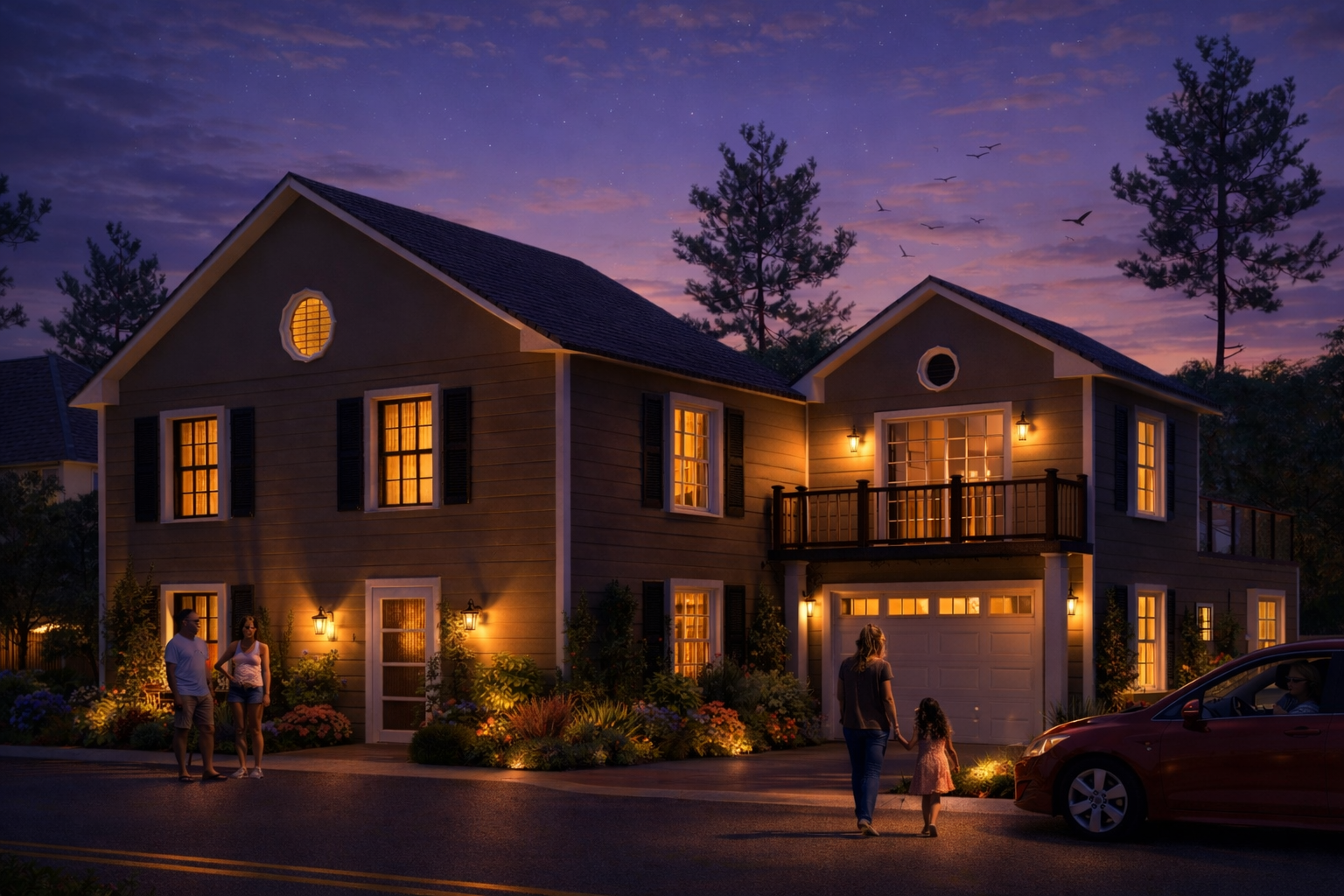A two-story suburban house illuminated at dusk with exterior lights, surrounded by trees and a garden. Four people, two adults and two children, are outside near the house, with one adult and a child walking towards the house and others standing nearby. A red car is parked in the driveway.