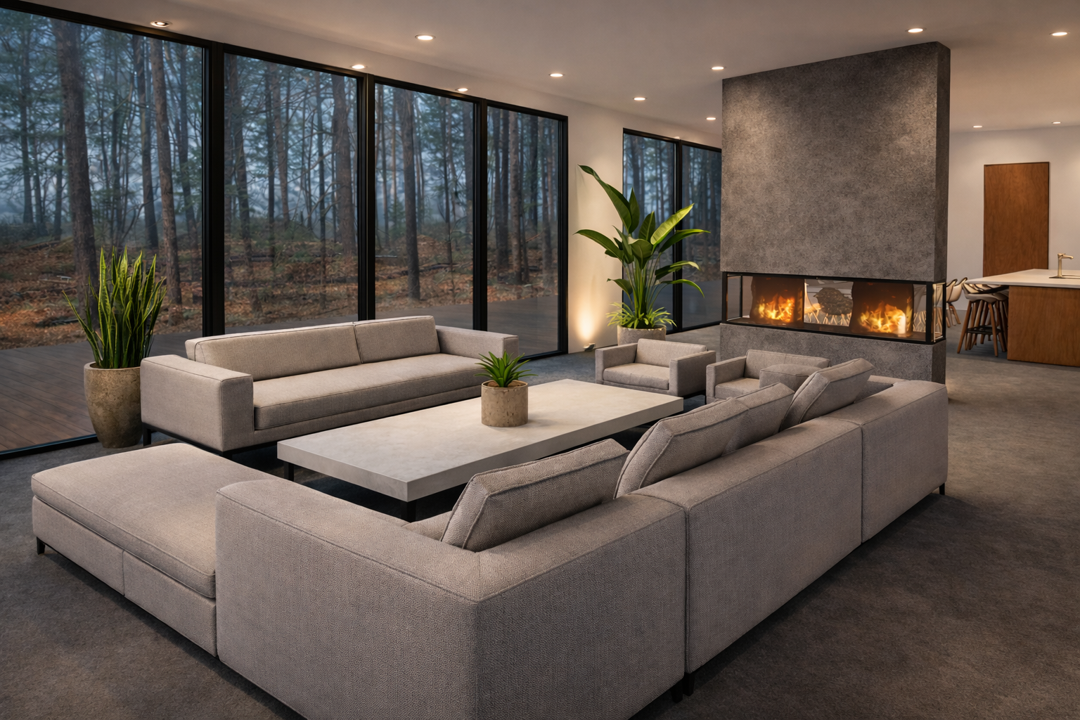 Modern living room with large floor-to-ceiling windows overlooking a wooded outdoor area, featuring gray sectional sofa, armchairs, and indoor plants, with a double-sided fireplace and a view into a nearby dining area.