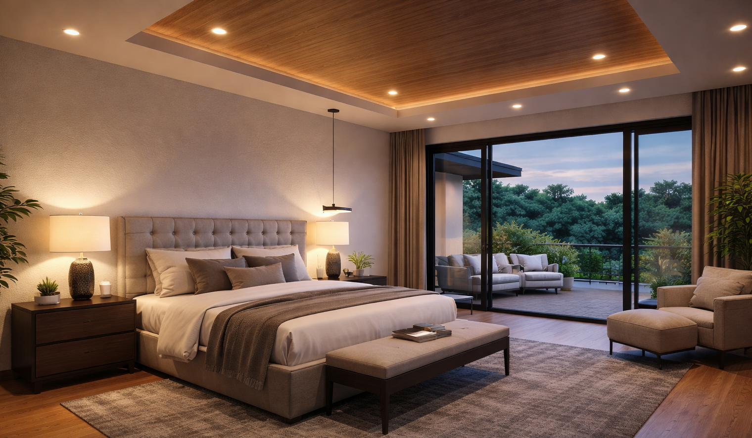 Modern bedroom with large bed, nightstands with lamps, sitting area with outdoor balcony, and forest view.