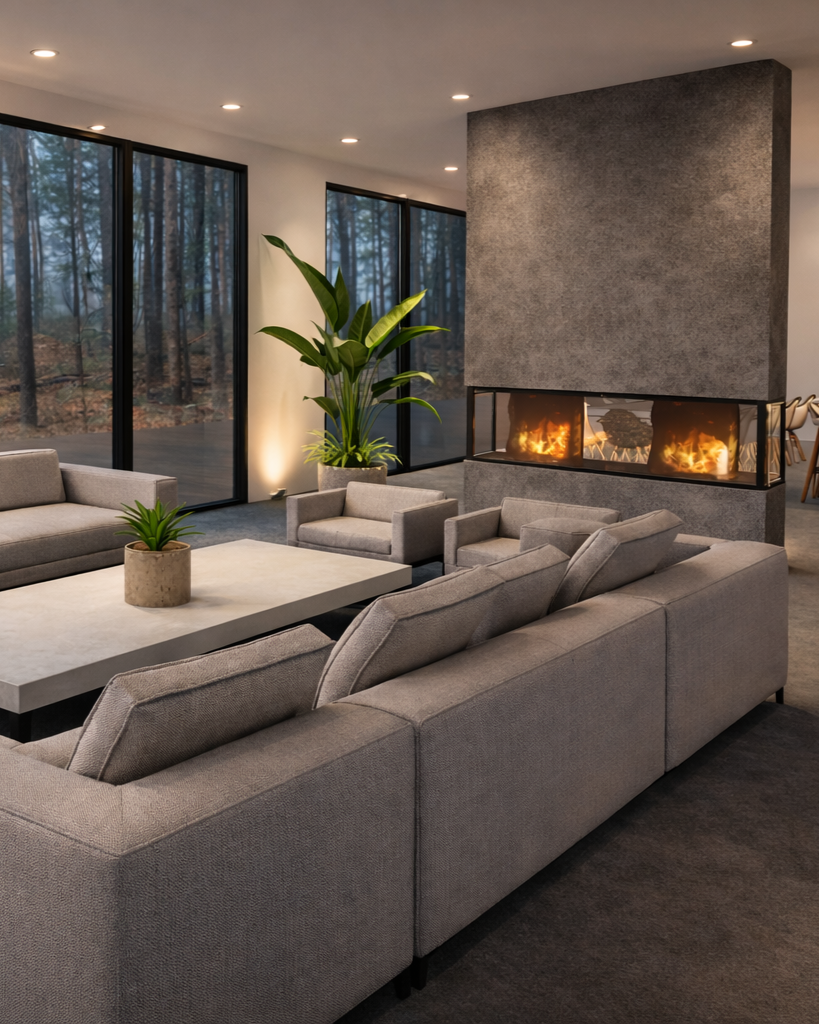 Modern living room with gray couches, a rectangular coffee table, large windows showing a forest, a tall plant, and a double-sided fireplace built into a textured gray wall.