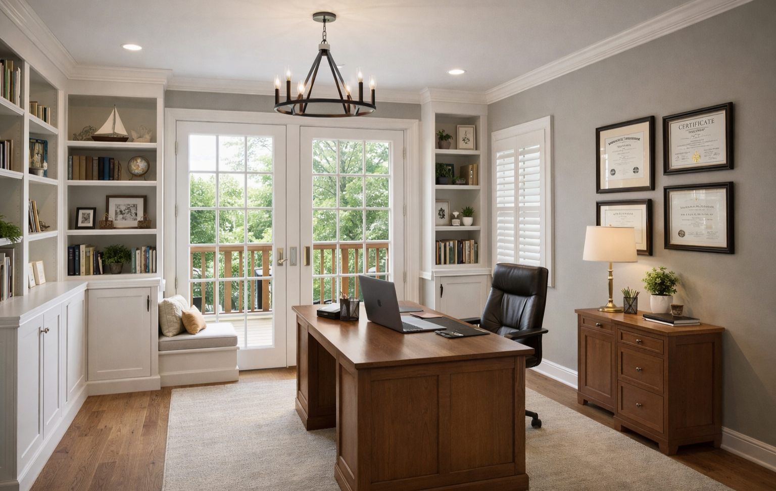 Home office with wooden desk, black office chair, bookshelves, framed degrees on wall, table lamp, and glass doors leading to a balcony with green trees outside.