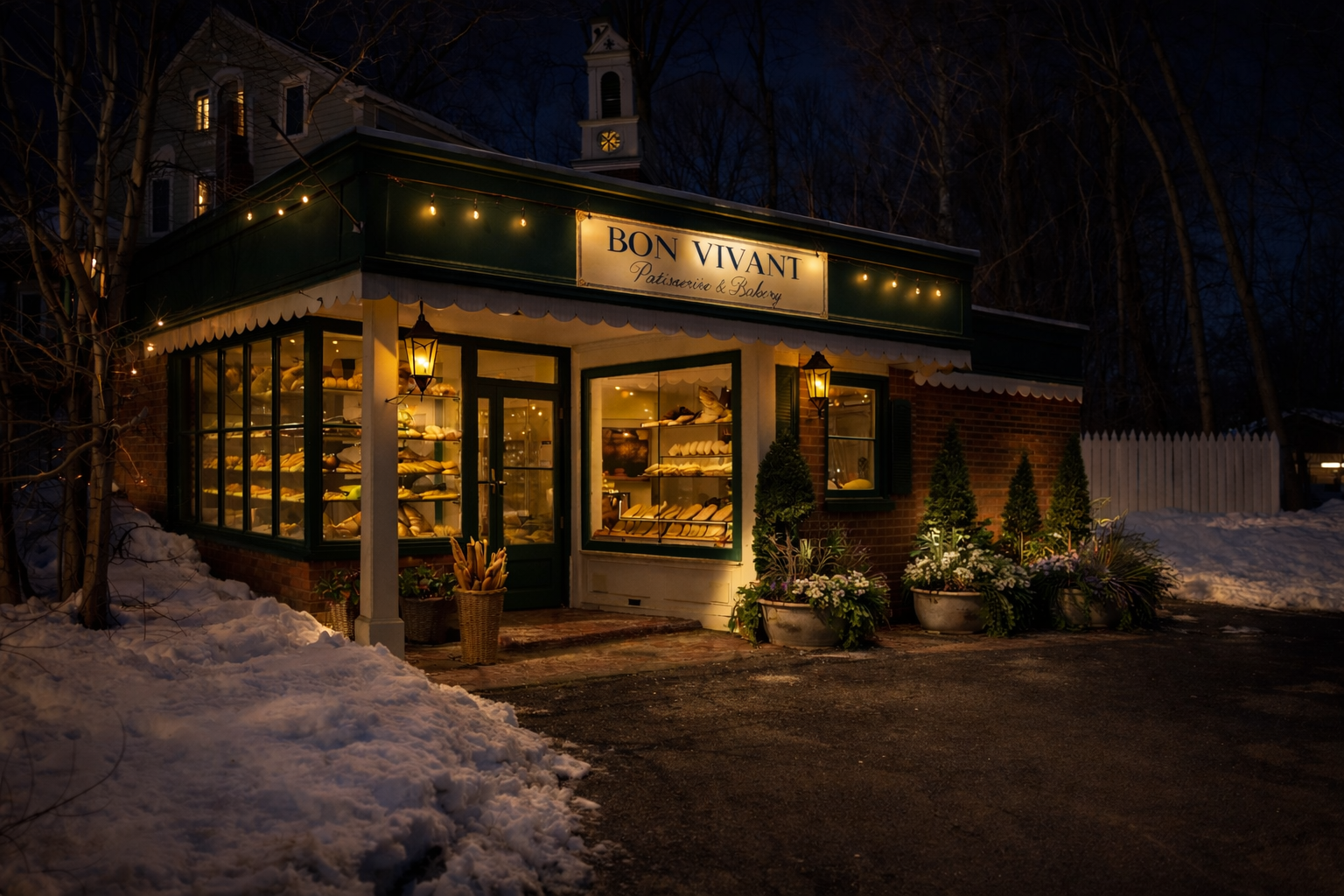 Night view of a bakery called 'Bon Vivant' with warm lighting, surrounded by snow and outdoor plants, next to a white picket fence.