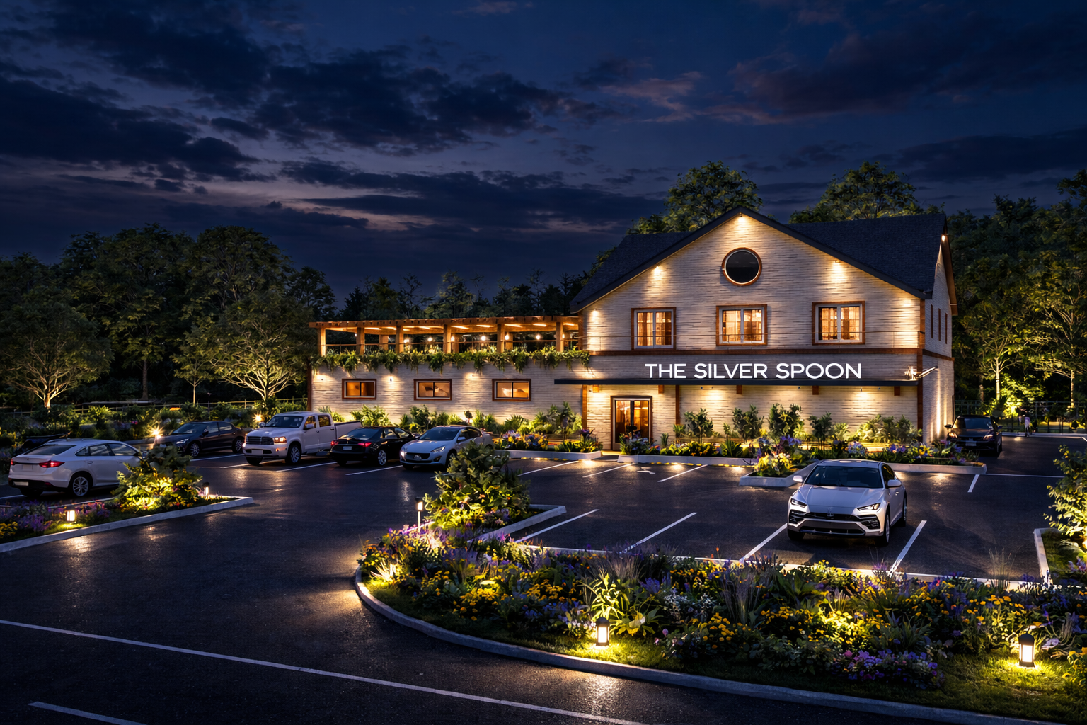 A cozy, well-lit restaurant called 'The Silver Spoon' with a parking lot filled with cars, surrounded by landscaped flower beds and trees under a dark evening sky.