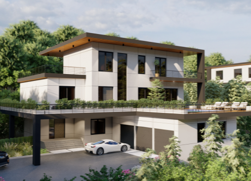 Modern multi-story house with white exterior, large windows, and a rooftop terrace, surrounded by greenery and trees.