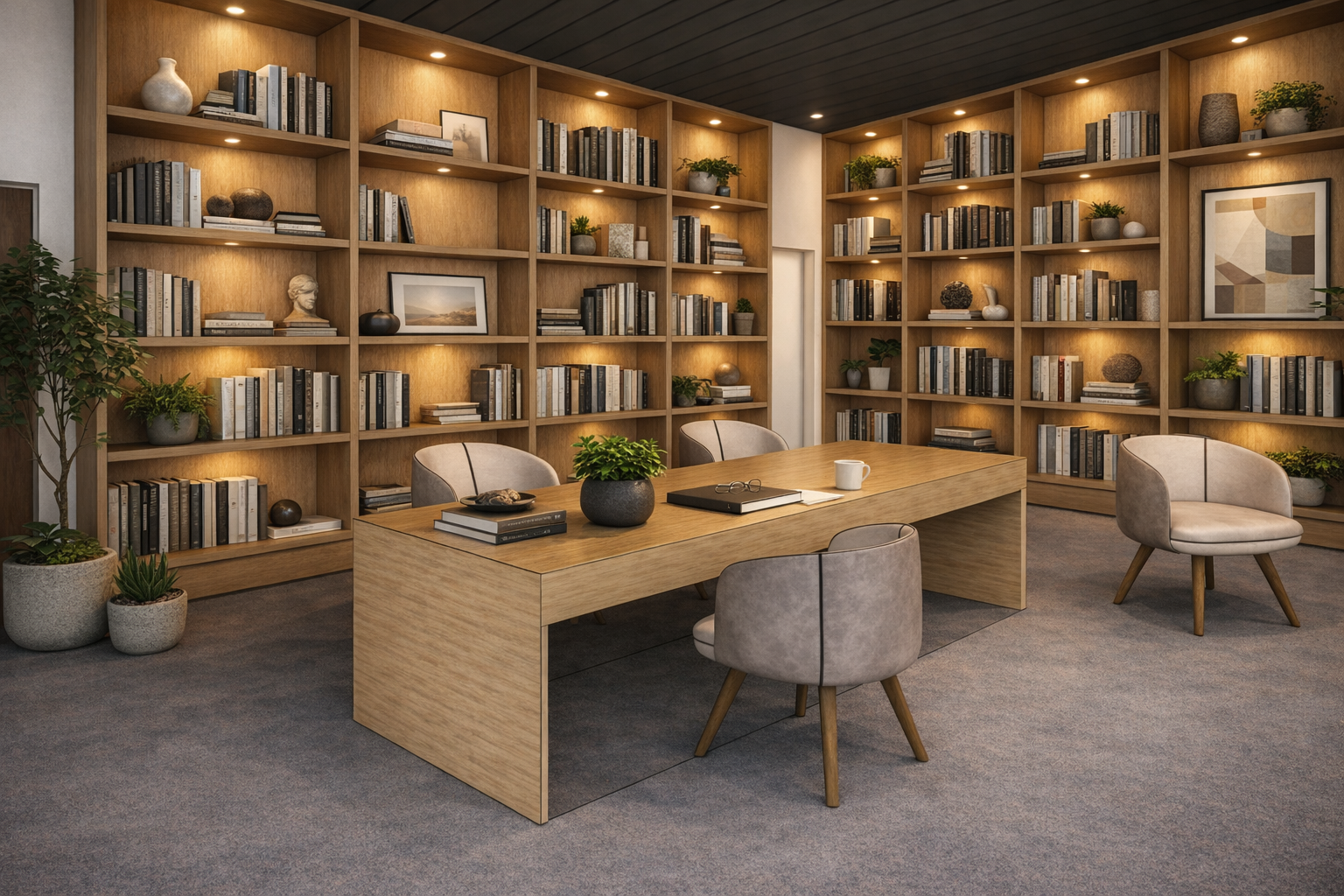 A well-lit office with wooden bookshelves filled with books and decorative items, a wooden table with chairs, potted plants, and framed artwork on the shelves.