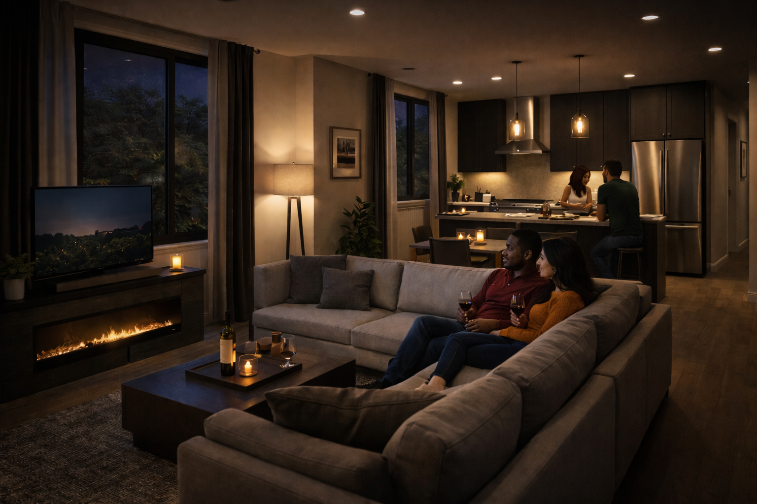 Living room with a fireplace, TV, and large windows, with four people relaxing and talking, kitchen in the background, warm lighting, and candles on tables.
