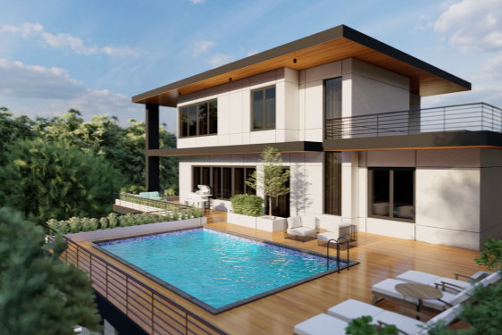 Modern two-story house with a backyard pool and outdoor seating area.
