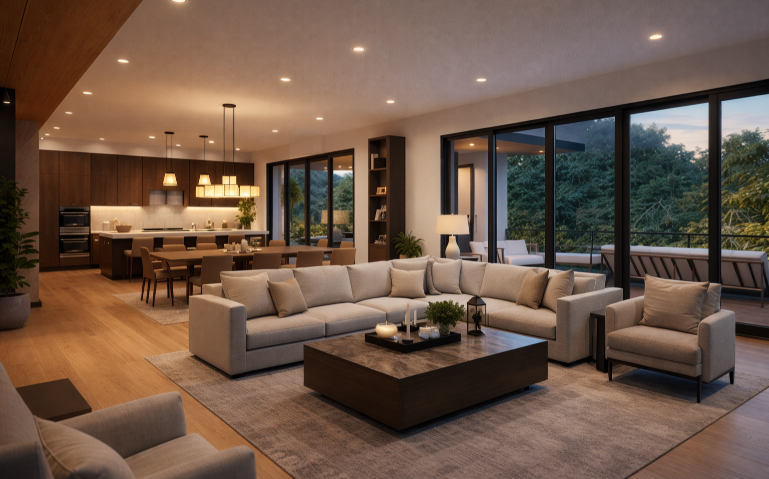 A spacious, modern living room with large floor-to-ceiling windows overlooking a green outdoor area. The room features a large beige sectional sofa, armchair, a wooden coffee table with candles and decor, a floor lamp, and a neutral-colored rug. In the background, an open kitchen and dining area with wooden cabinetry, pendant lighting over the dining table, and a butterfly chair on the balcony can be seen.