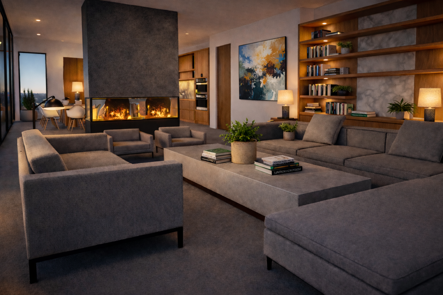Modern living room with gray sectional sofa, armchairs, a large central ottoman with books and plants, a built-in bookshelf, a wall-mounted painting, lamps, and a double-sided fireplace.