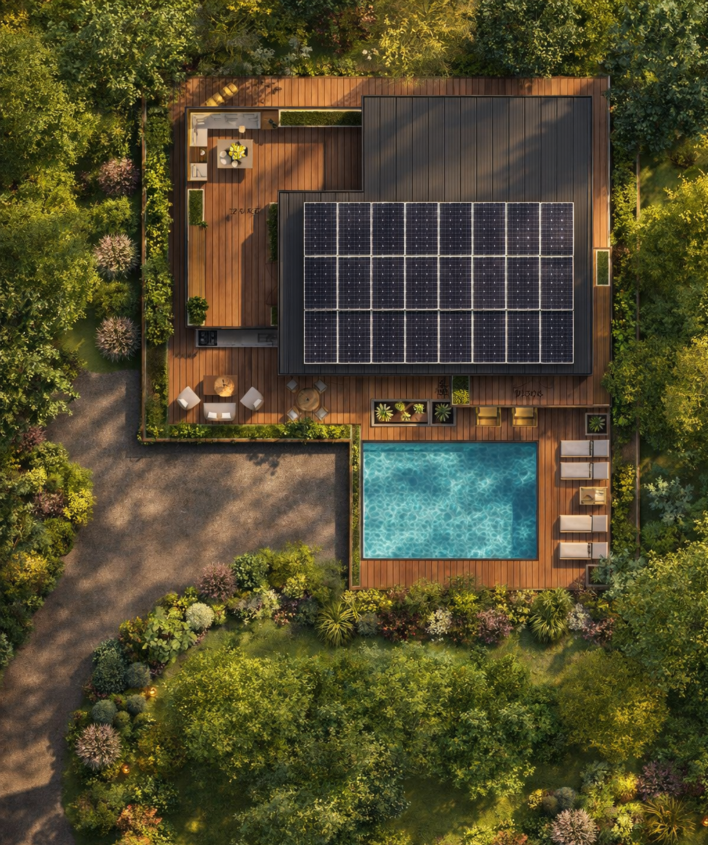 Aerial view of a modern house with a solar panel roof, outdoor deck with seating, a swimming pool, and surrounding lush greenery.