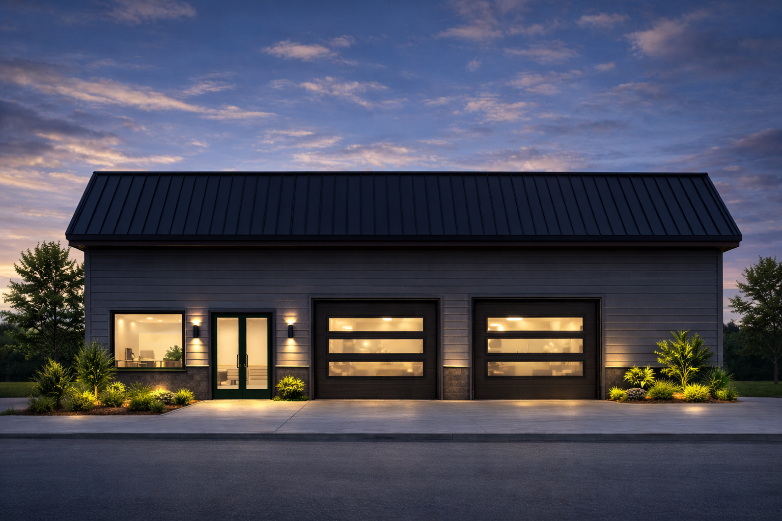 Modern garage with two doors and a side window, illuminated at dusk, surrounded by landscaped plants and trees.