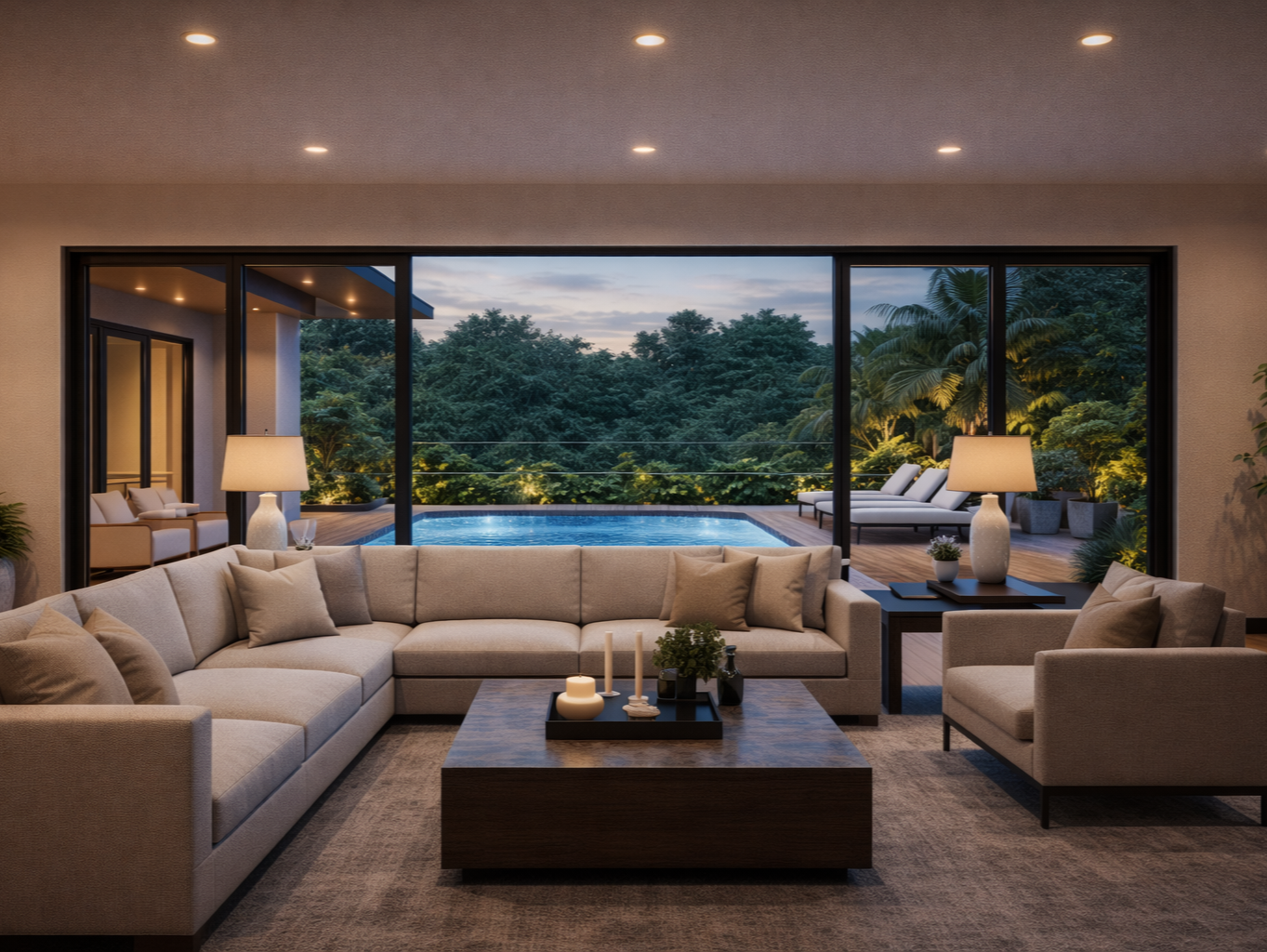 Living room with beige sectional sofa, armchair, coffee table with candles, and lamps, opening to a deck with lounge chairs and a view of a backyard with trees and a pool at dusk.