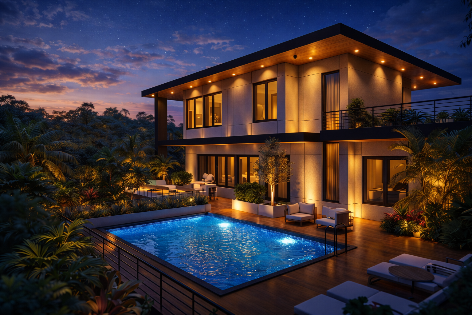 Modern two-story house with large windows, surrounded by lush greenery, with a lit swimming pool in the backyard at dusk.