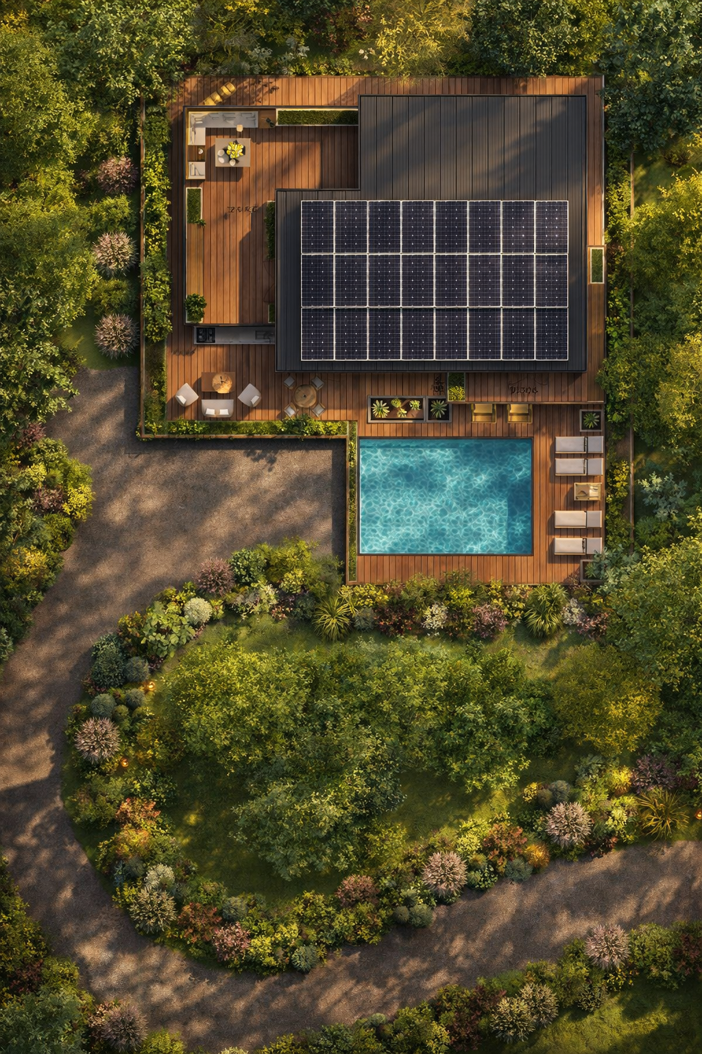 An aerial view of a modern house with solar panels on the roof, a swimming pool, outdoor furniture, a garden, and lush trees surrounding the property.
