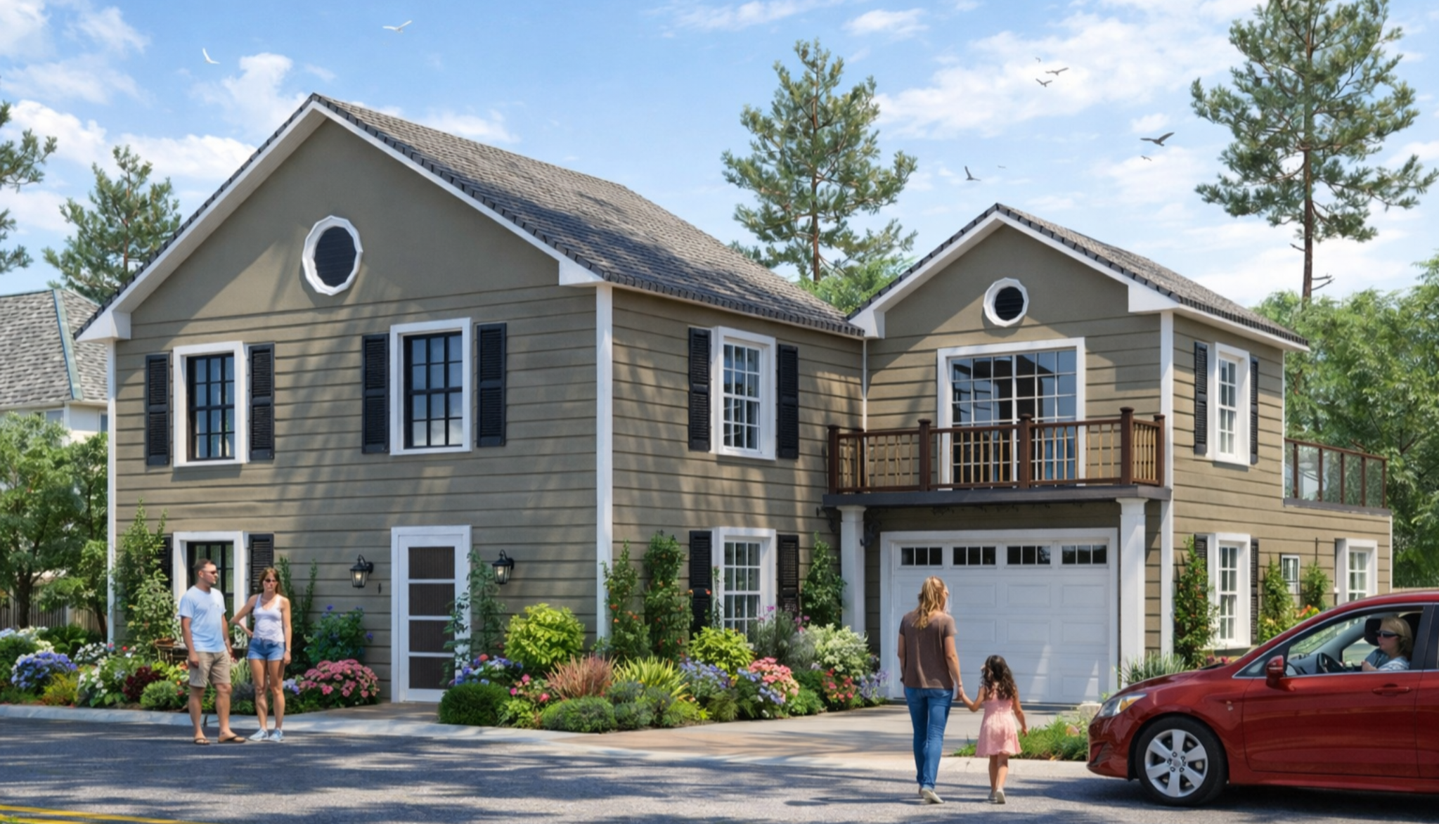 A two-story beige house with black shutters, some windows have white frames, and a small balcony. There are people walking in front of the house, including a woman holding a child's hand and a man and woman standing together. A person is driving a red car parked in the driveway, and there are colorful flowers and greenery in front of the house. Tall trees are in the background under a blue sky with clouds and birds.