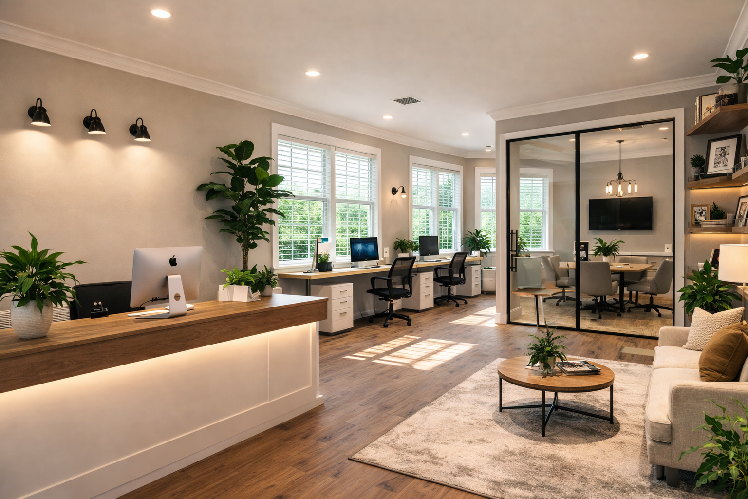 Modern office space with large windows, multiple desks with computers, green plants, a glass-walled conference room with a round table and chairs, a beige sofa with cushions, a wooden coffee table with a plant and magazines, and a neutral color palette with warm lighting.