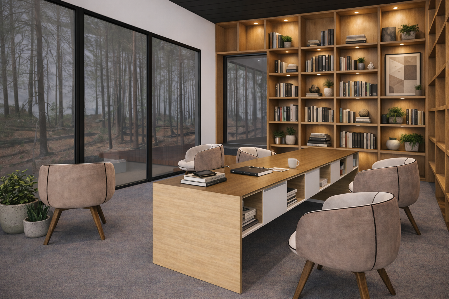 A modern office with a large wooden desk, four beige upholstered chairs, a bookshelf filled with books and decorative items, a large window with a view of a forest, and some potted plants.