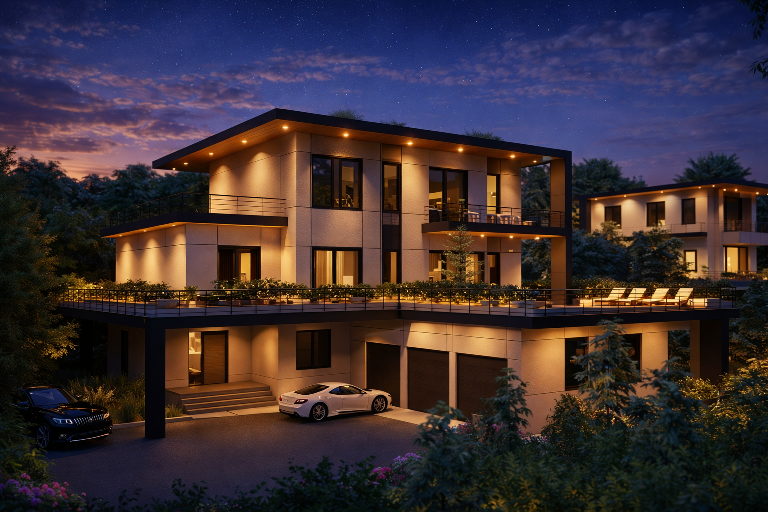 Modern multi-story house with large balconies, illuminated by exterior lights at dusk, surrounded by trees and greenery, with parked cars in the driveway.
