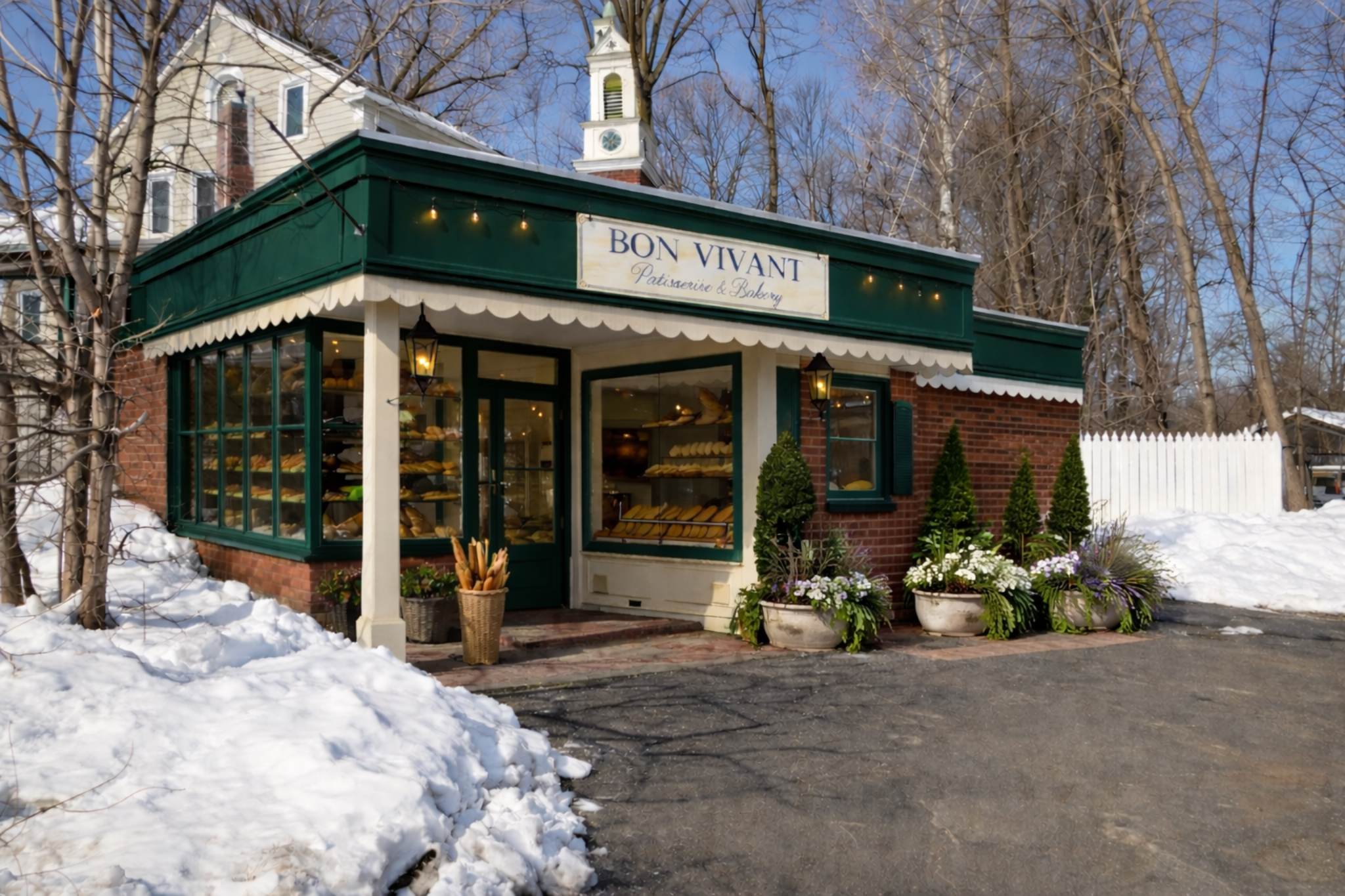 A small bakery named Bon Vivant in a brick building with large glass windows displaying baked goods, situated in a snowy setting with trees and a white picket fence in the background.