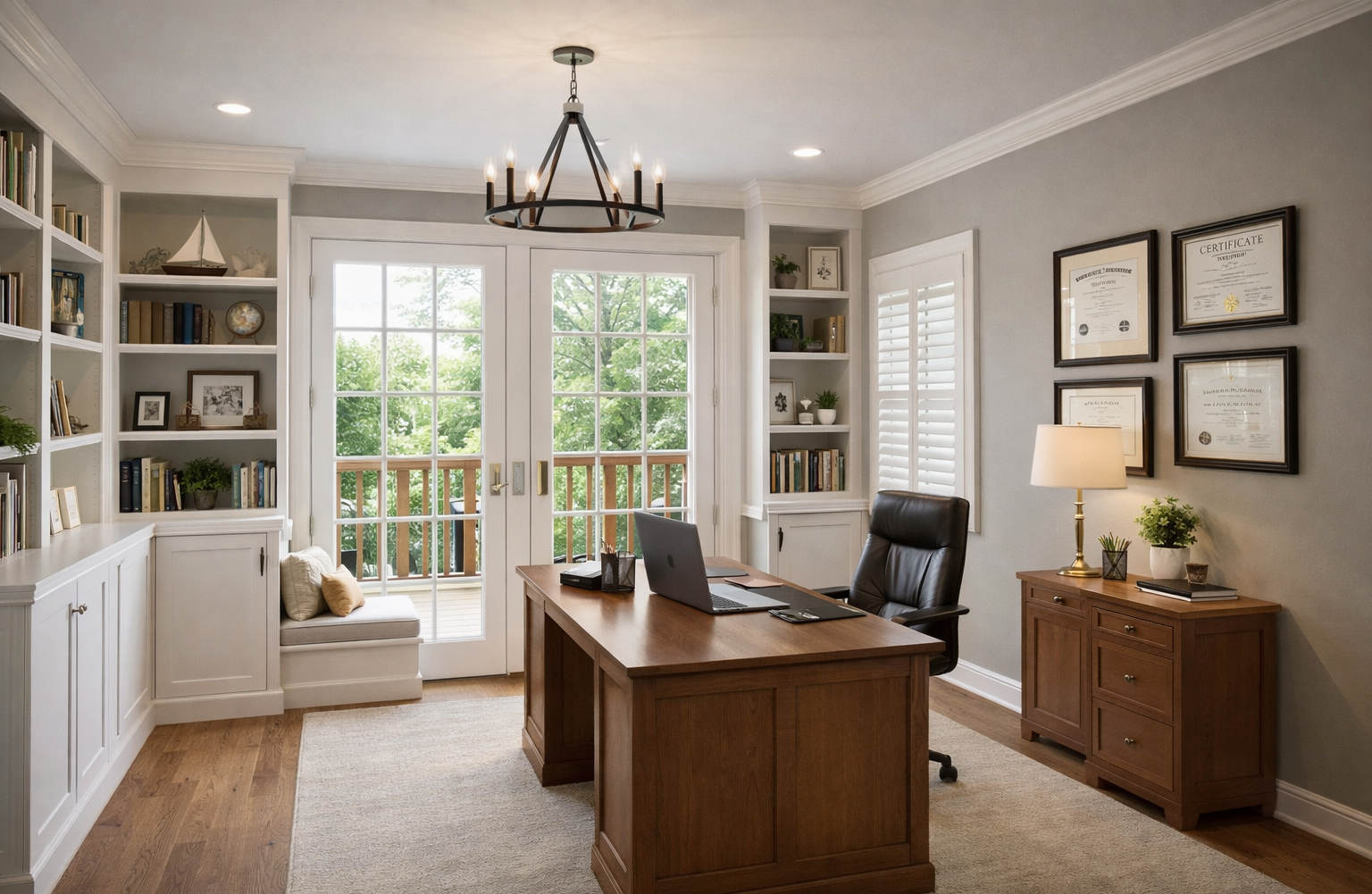 Home office with wooden desk, black leather chair, white bookshelves, framed certificates on wall, table lamp, window blinds, and glass doors leading to a balcony with leafy greenery outside.