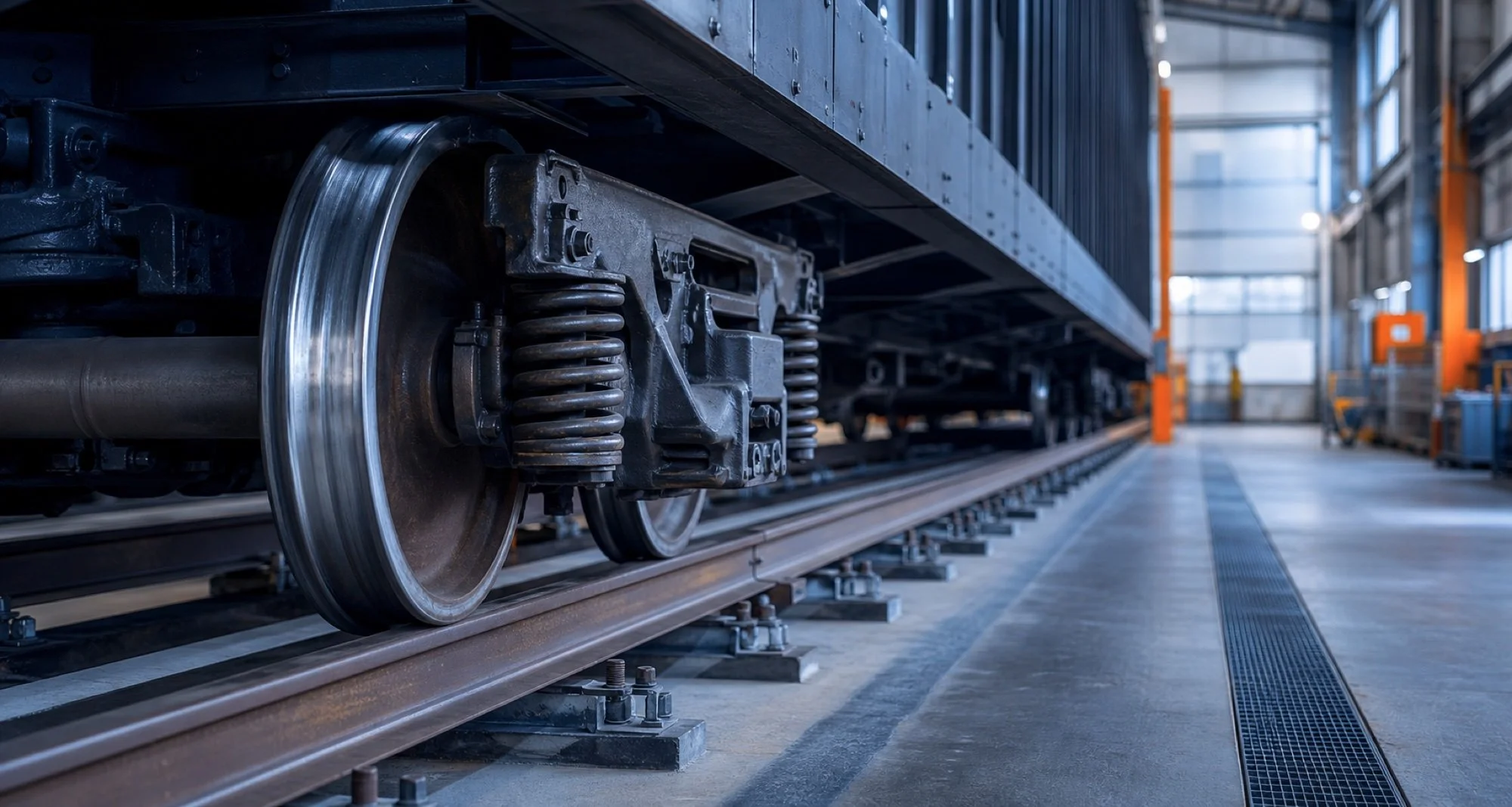 Freight railcar wheelset illustrating planned inspection and maintenance capabilities.
