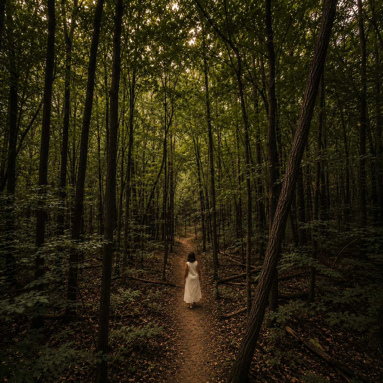 A woman in a white dress walking along a dirt path in a dense forest with tall trees and green foliage.