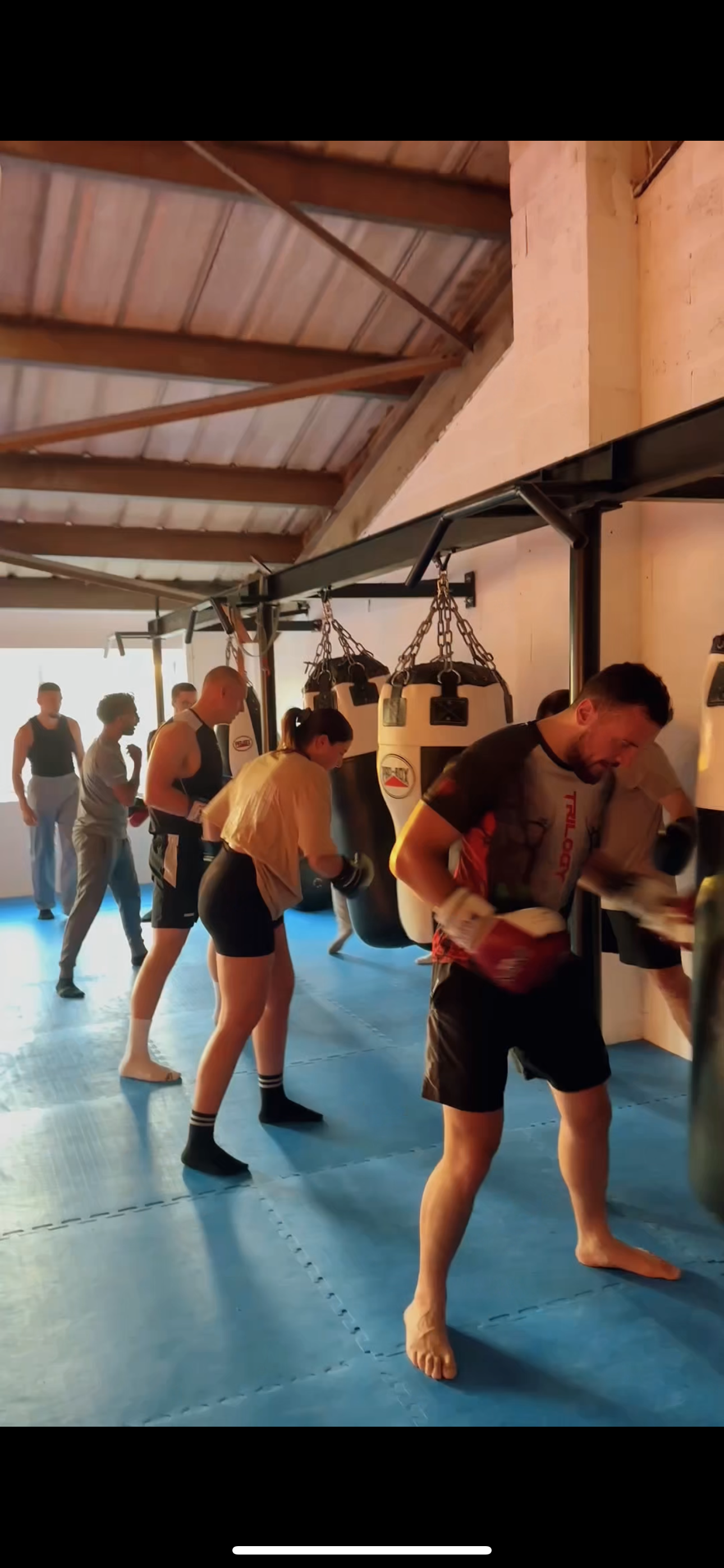 People training with punching bags hanging from a frame in a gym.