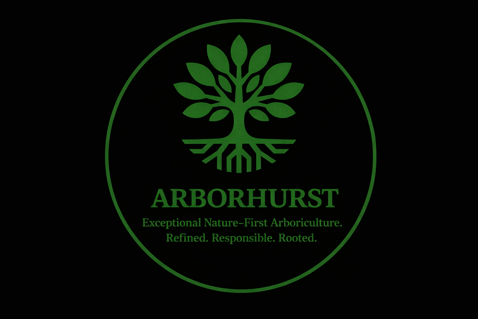 A green logo of a tree with roots on a black background, with the text "ARBORHURST" underneath and a tagline reading "Exceptional Nature-First Arboriculture. Refined. Responsible. Rooted."