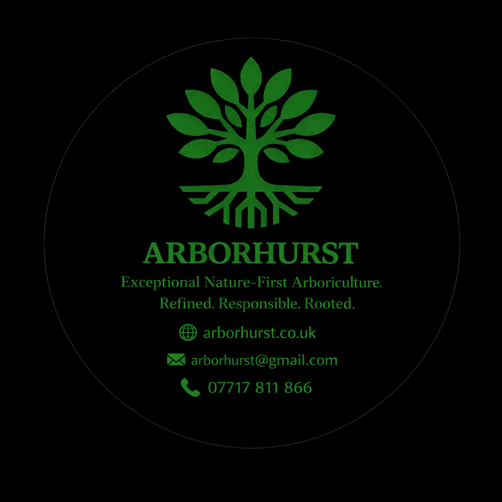 Green logo of a tree with stylized roots and leaves, above the text 'ARBORHURST' and the tagline 'Exceptional Nature-First Arboriculture. Refined. Responsible. Rooted.' Below are contact details including website, email, and phone number.