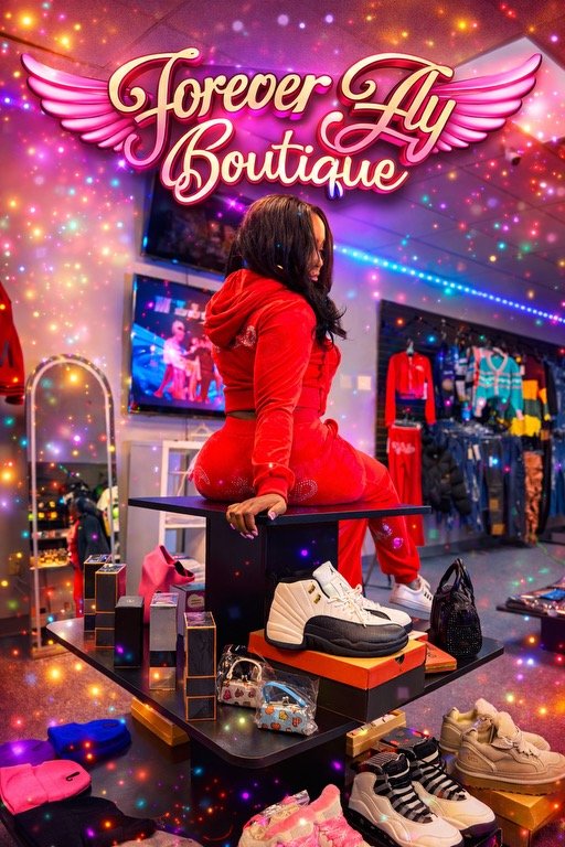 A woman in a red tracksuit sitting on a table inside Forever Fly Boutique, surrounded by colorful clothing and accessories, with a large pink sign and wing design overhead, and displays of shoes and bags around her.