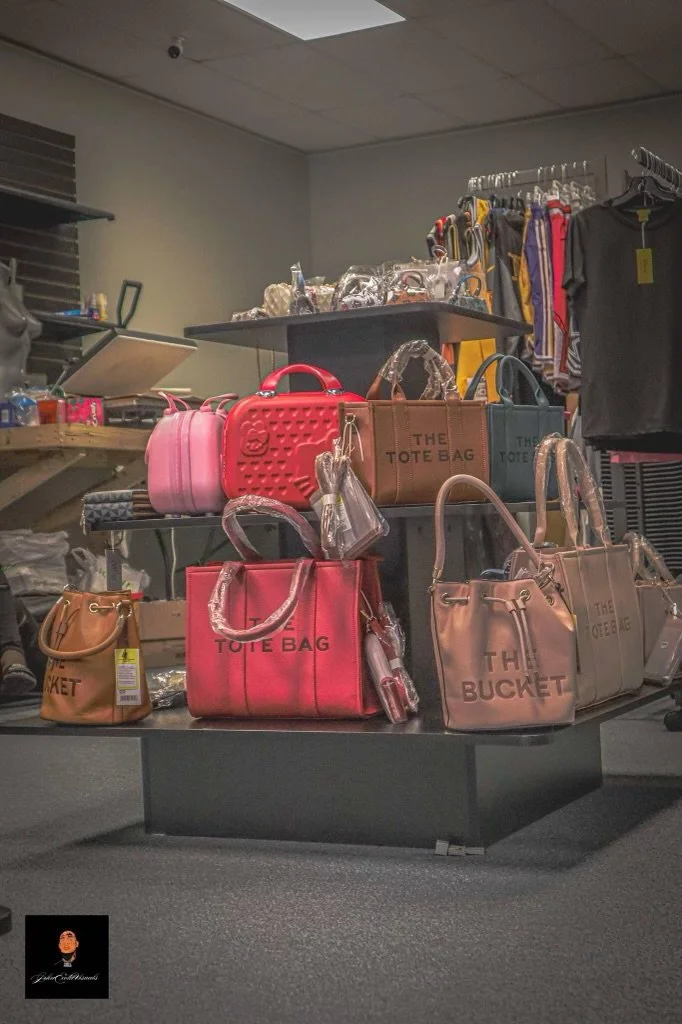Display of various handbags and tote bags on a table in a retail store, with clothing racks and other merchandise in the background.