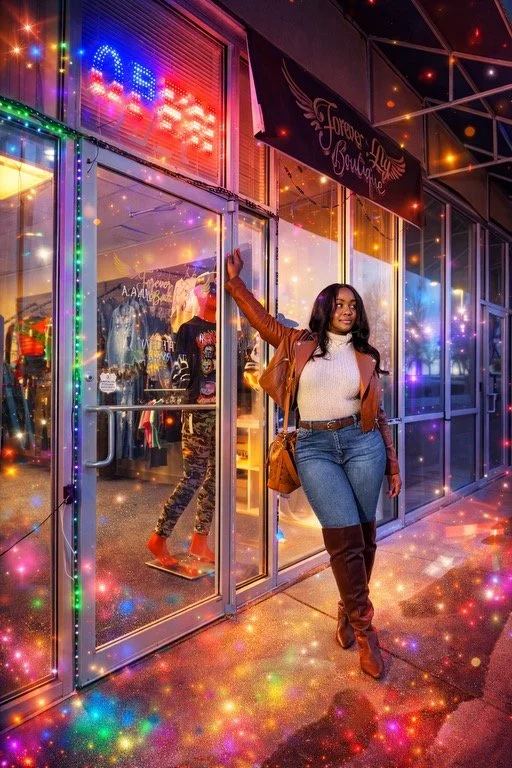 A woman standing outside a store called 'Forever 21 Boutique,' with her left hand on the glass door, wearing a brown jacket, white top, blue jeans, and knee-high boots. The store appears to have Christmas lights decoration, and a neon 'OPEN' sign is 