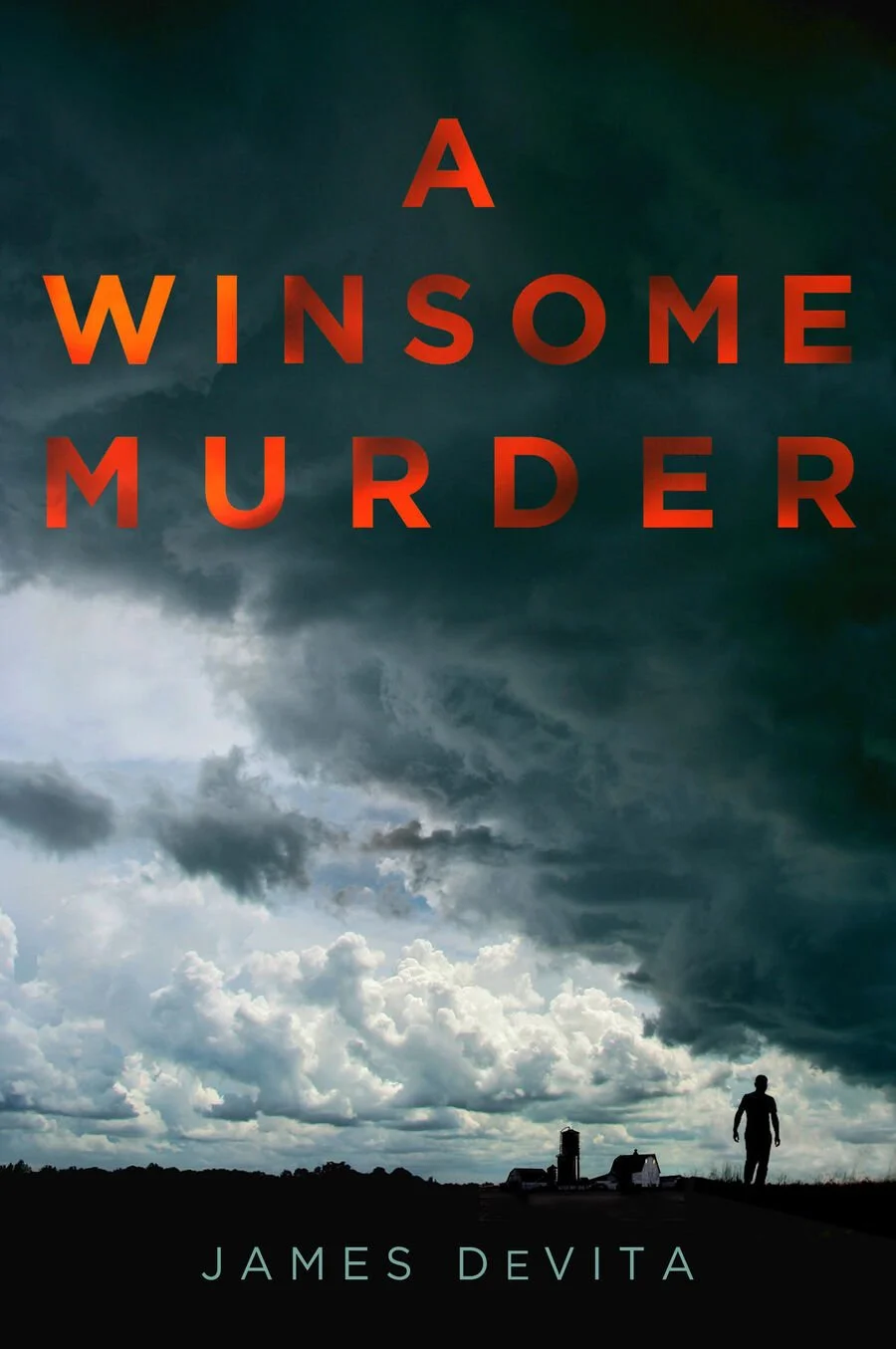 Book cover titled "A Winsome Murder" by James Devita, featuring a dark, cloudy sky with a person walking away on a rural landscape.