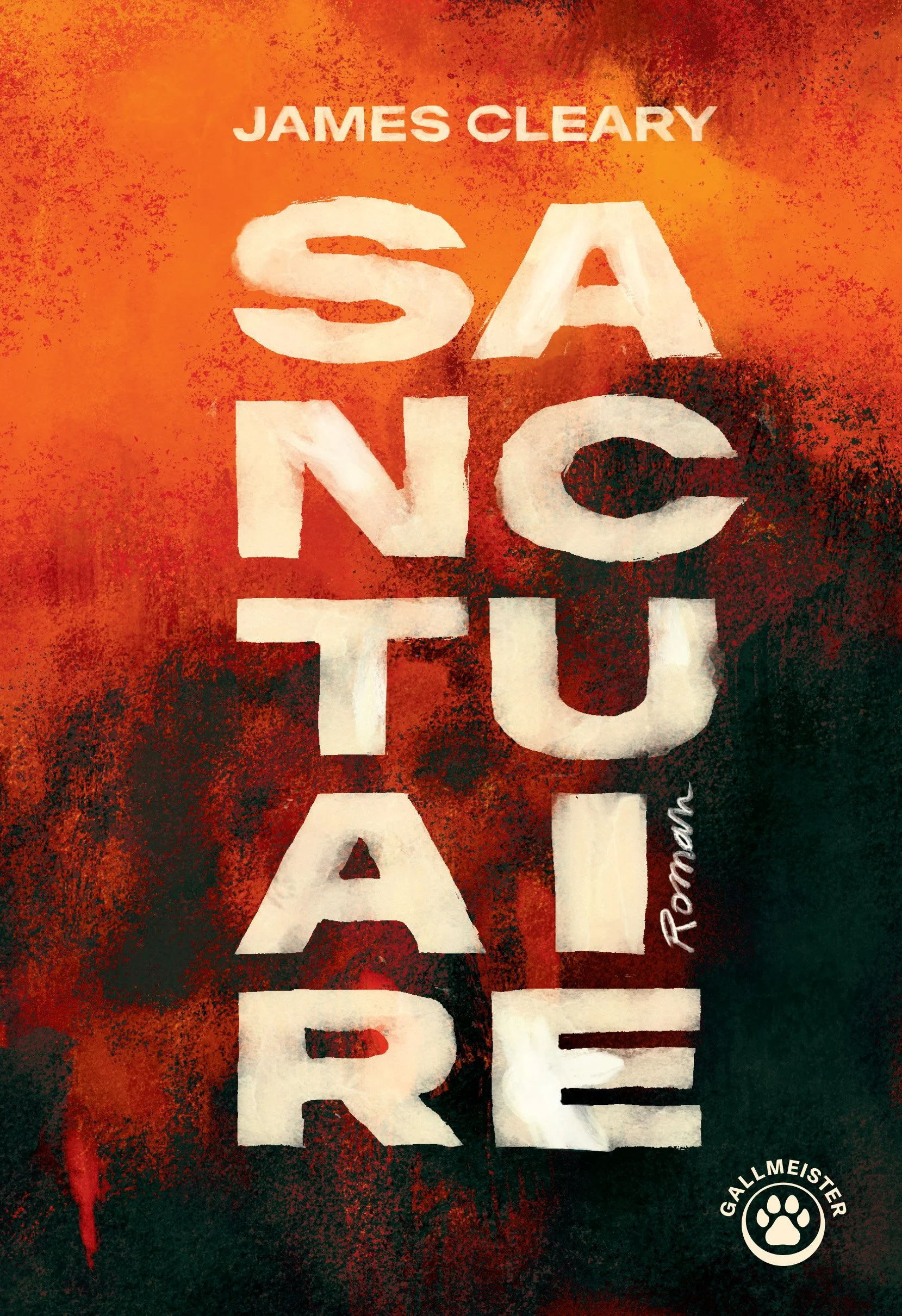 Book cover featuring the title 'Santiago' by James Clary, with an orange, red, and black textured background. The author's name appears at the top, and a small logo with a paw print and the word 'Gallmeister' is at the bottom right.