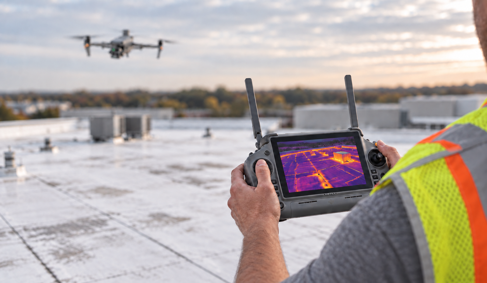 Crabapple Roofing team member flying a drone with a thermal imaging controller for a commercial roof assessment