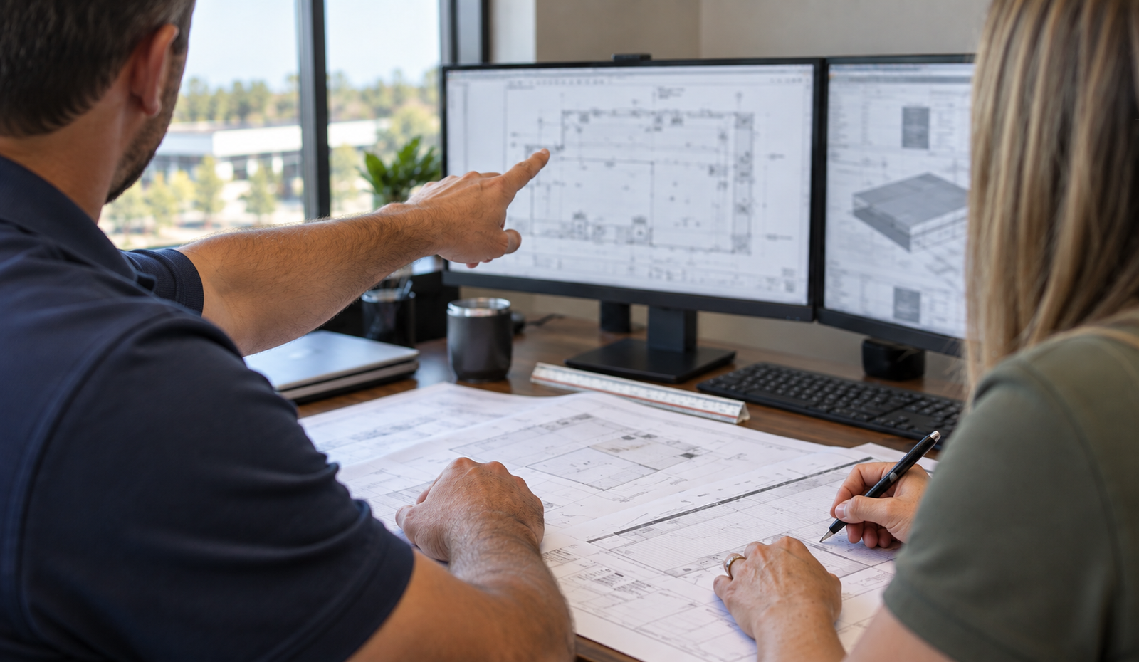Crabapple Roofing preconstruction team reviewing building plans and roof layouts on dual monitors
