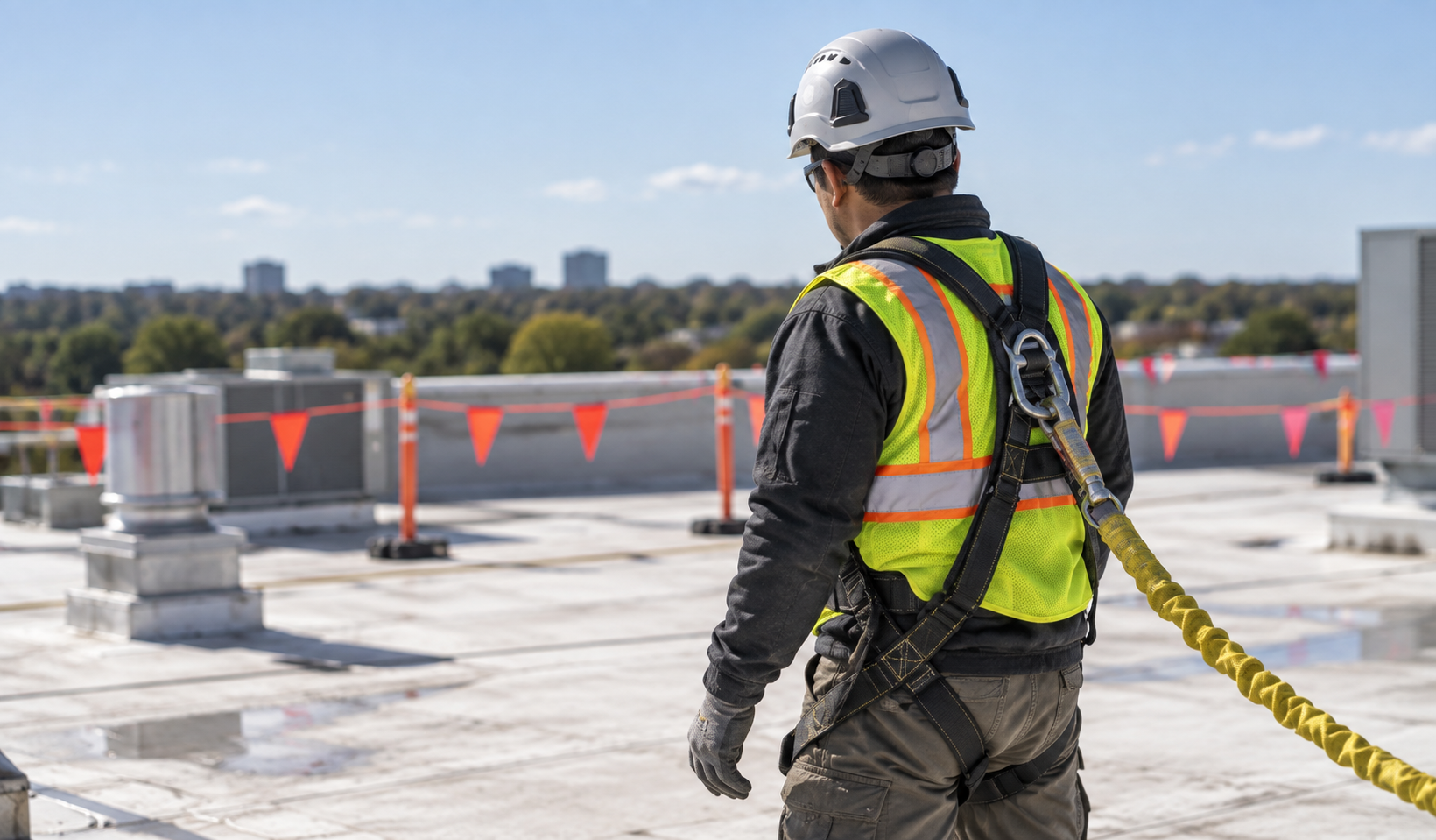 Crabapple Roofing crew member in hard hat and safety vest on a commercial rooftop with safety barriers overlooking a city skyline